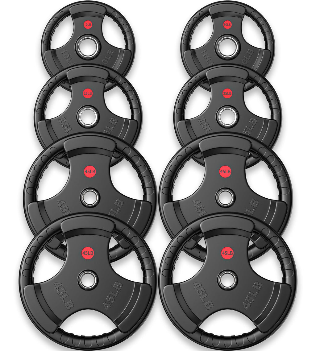 Gikpal Olympic Weight Plates, 2-Inch Three-Grip Rubber Coated Barbell Plates with Steel Hub, Cast Iron Weights for Strength Training & Home Gym, Pair or Sets (2.5–45LB)
