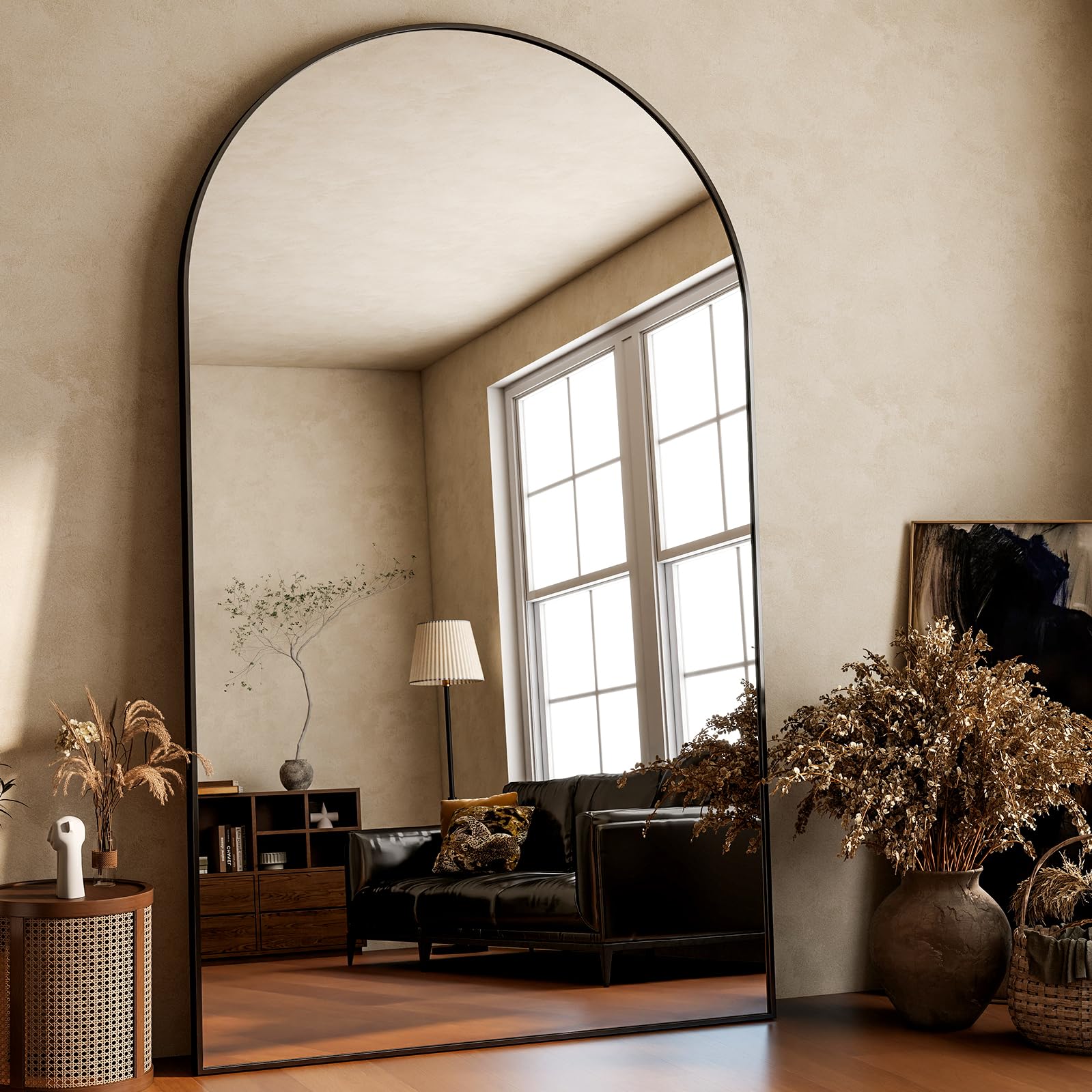 HARRITPURE 86x46 inch Full Length Mirror - Oversized Arched Mirror Aluminum Frame Full Body Floor Mirror with Stand for Living Room,Bedroom,Cloakroom,Black
