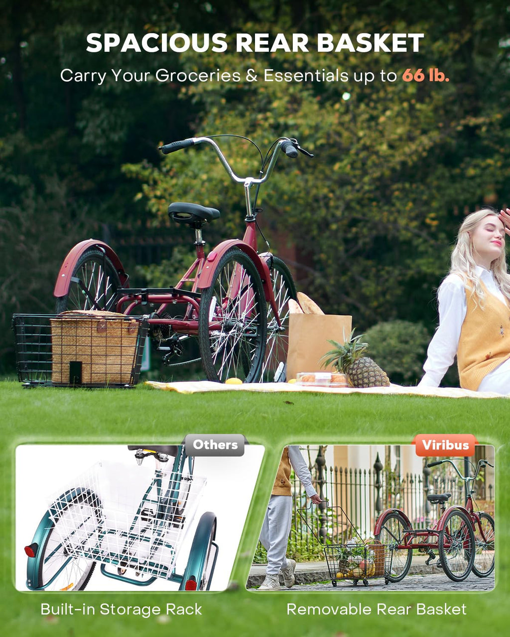 VIRIBUS Folding Tricycle for Adults, 7 Speed Folding Adult Tricycle with Detachable Wheeled Basket, Foldable 3 Wheel Bikes for Adults Women Female Seniors, Collapsible Trike, 24 inch Red, 330 lb.