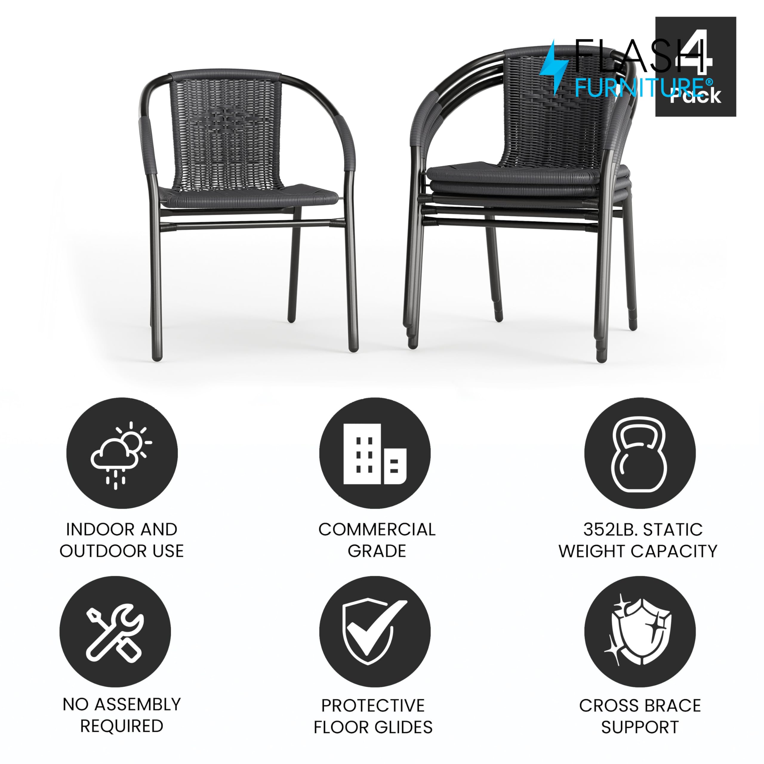 Flash Furniture Lila Modern Rattan Indoor/Outdoor Stackable Dining Chairs, Stacking Rattan Bistro Chairs for Patio or Restaurant, Set of 4, Gray