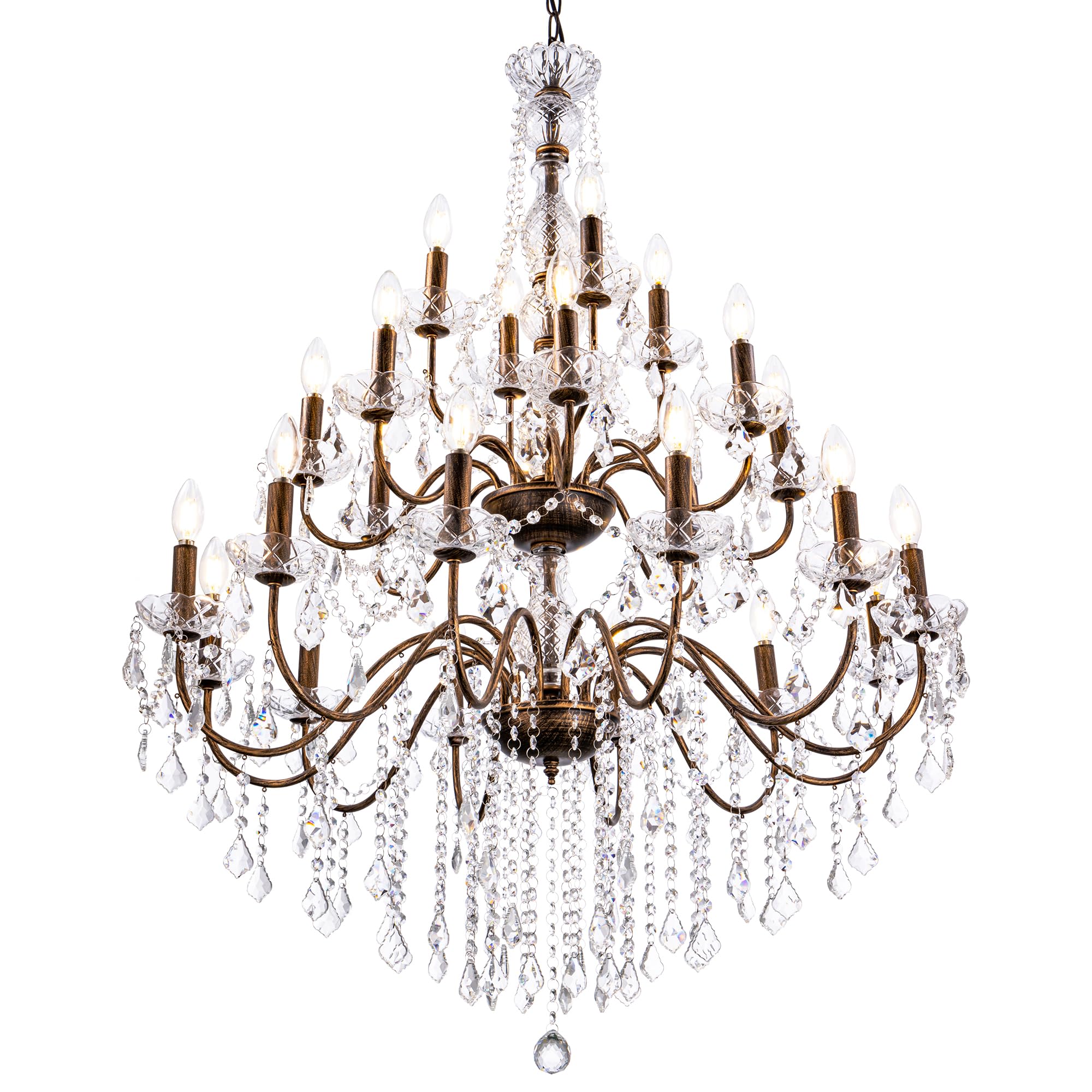 Wellmet Black Chandelier Light Fixture, Luxury Maria Theresa Crystal Chandeliers for High Ceiling Foyer, 24 Lights Hanging Pendant Light for Living Room EntryWay Hall Staircase Large 35.66" (Bronze)