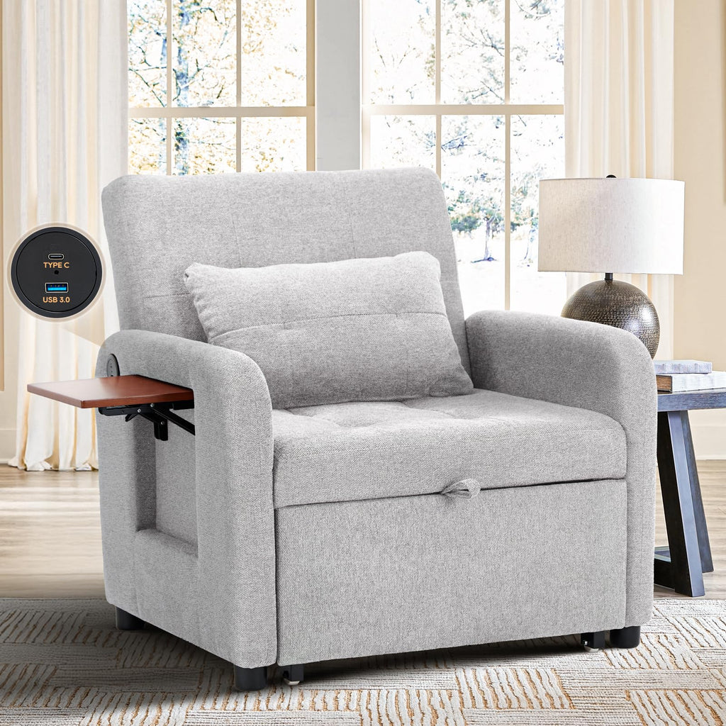 Convertible Sleeper Chair-Fabric Futon Sofa Bed, Single Sleeper Sofa, Small Couch Bed with USB Port, Foldable Table, Pillow, Adjustable Backrest for Dorm/Bedroom/College Lightgrey