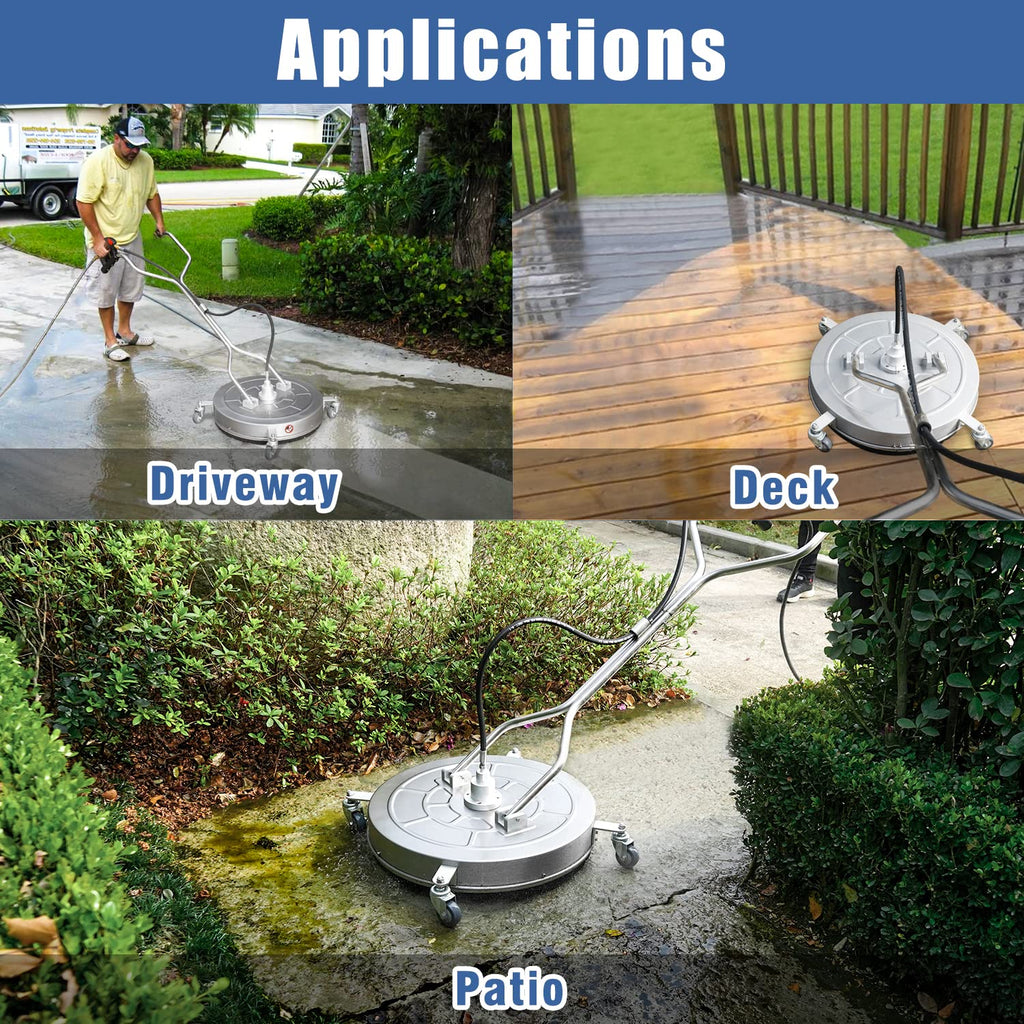 JANZ 24'' Pressure Washer Surface Cleaner with 4 Wheels,Dual Handle,Stainless Steel Housing, 4 Replacement Nozzle Cores and 2 Hose Adapters,Ideal for Driveways, Sidewalks,Patios,Decks Cleaning