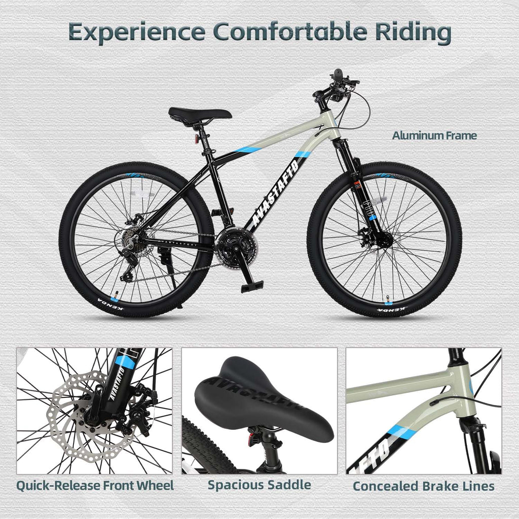 AVASTA 27.5-inch Mountain Bike for Man Male and Woman Female Adult with Lightweight Aluminum Alloy Frame and Dual Disc Brakes,Front Suspension,21-Speed Gear Shifters,Hidden Brake Cables,Grey