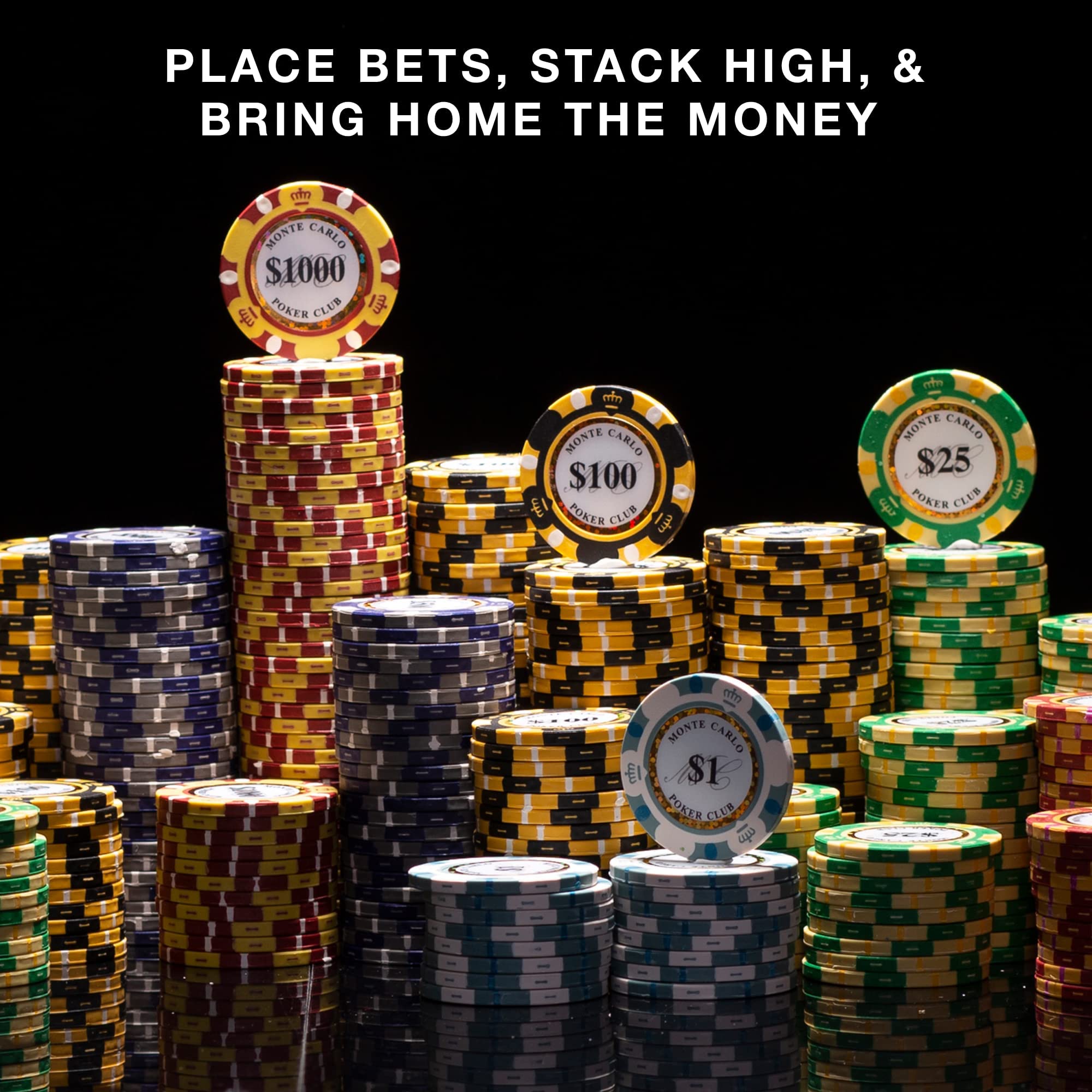 Brybelly 14 Gram 1000 Count Poker Set - Monte Carlo - 14G Clay Composite Chips with Aluminum Case, Playing Cards, Dealer Button for Poker, Texas Hold'em, Blackjack, Casino Games at Home