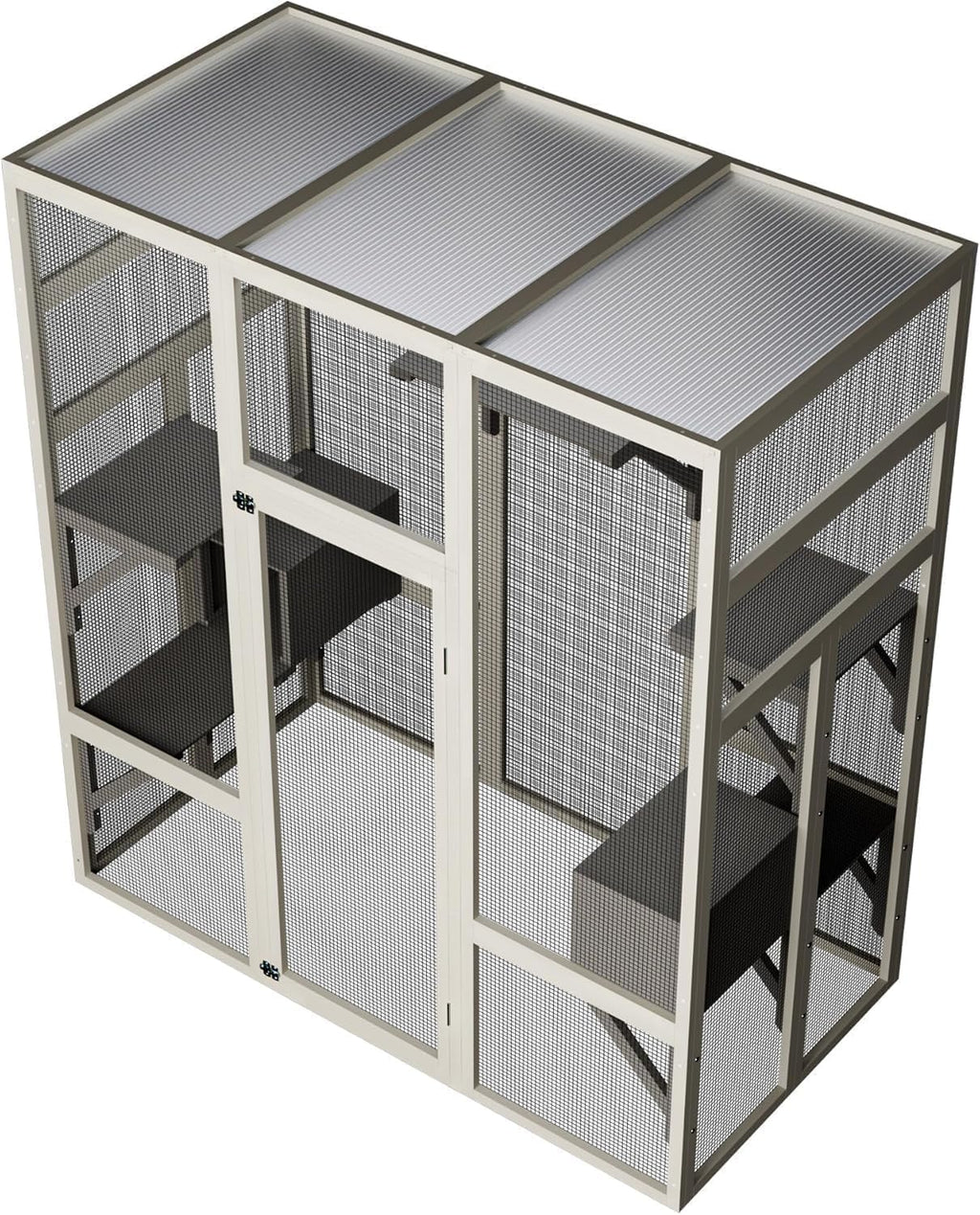 70" Large Outdoor Catio Cat Enclosure, Wood Cat Patio with Waterproof UV-Resistant Roof, Cats Shelter with 5 Platforms and 2 Resting Box, and Secure Rust-Proof Wire for Backyard or Patio