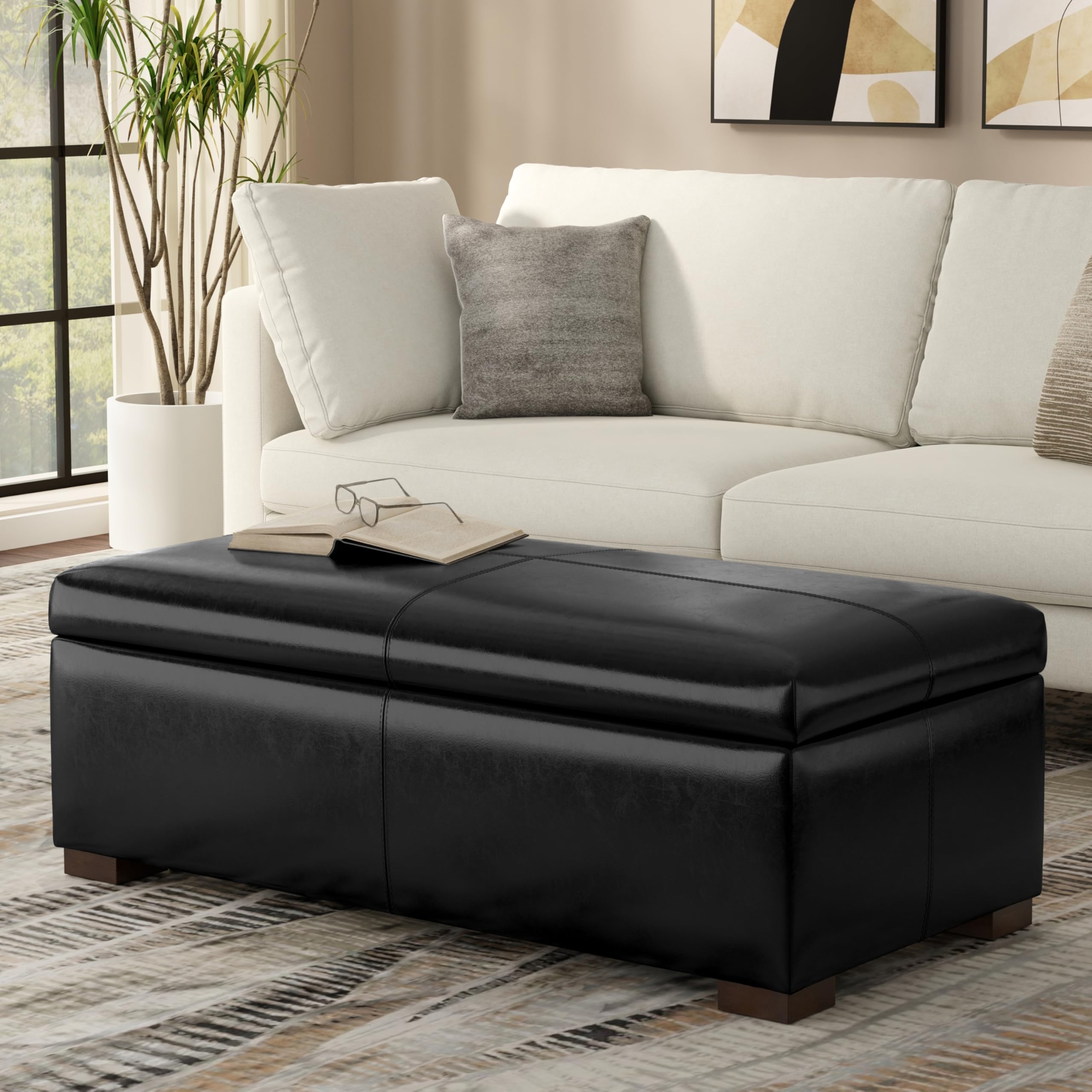 SIMPLIHOME Gabbie Storage Ottoman - 48 inch Wide Upholstered Vegan Leather Rectangle Storage Ottoman Bench in Midnight Black, Contemporary Ottoman for Living Room with Lift-Up Lid