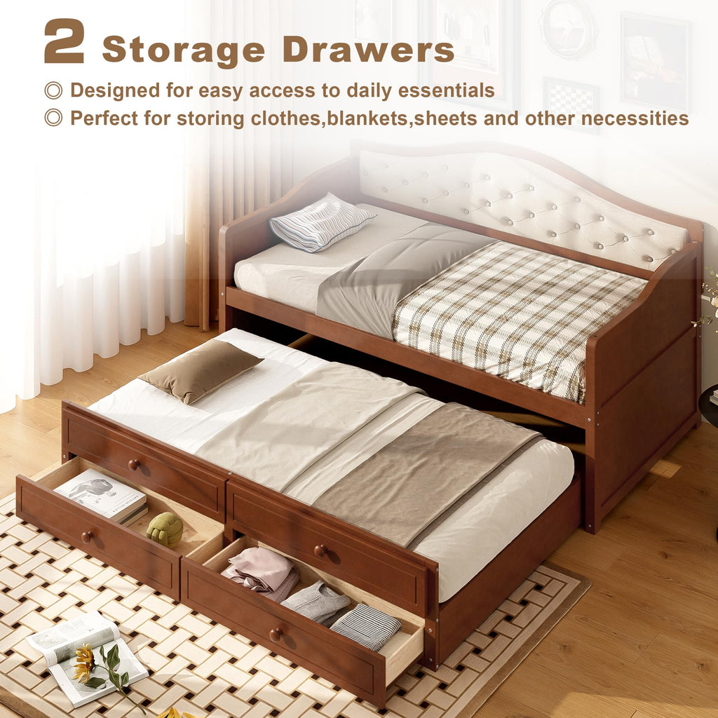 Merax Twin Daybed Frame with Trundle and 2 Storage Drawers, Sofa Bed Twin Size Wooden Bed with Upholstered Button Tufted Backrest for Living Room, Bedroom, Guest Room (Walnut)
