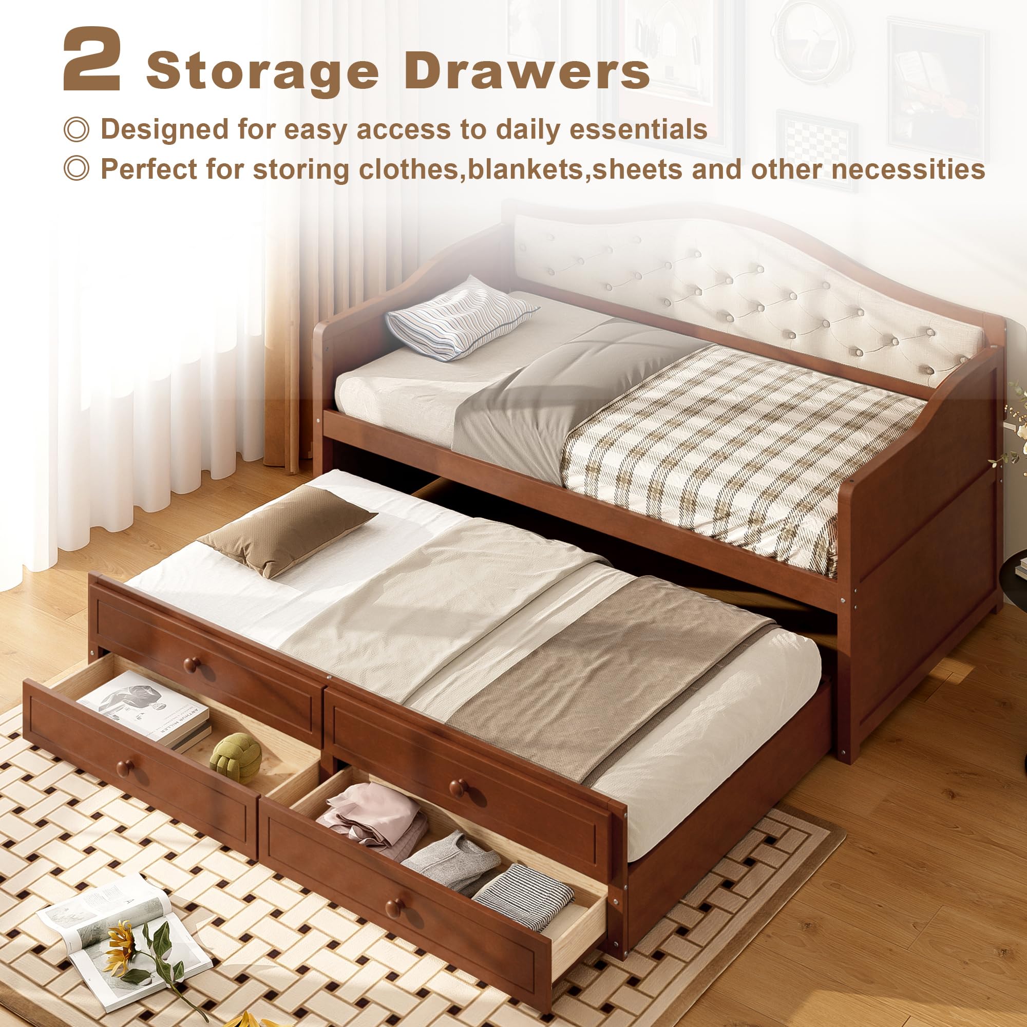 Merax Twin Daybed Frame with Trundle and 2 Storage Drawers, Sofa Bed Twin Size Wooden Bed with Upholstered Button Tufted Backrest for Living Room, Bedroom, Guest Room (Walnut)