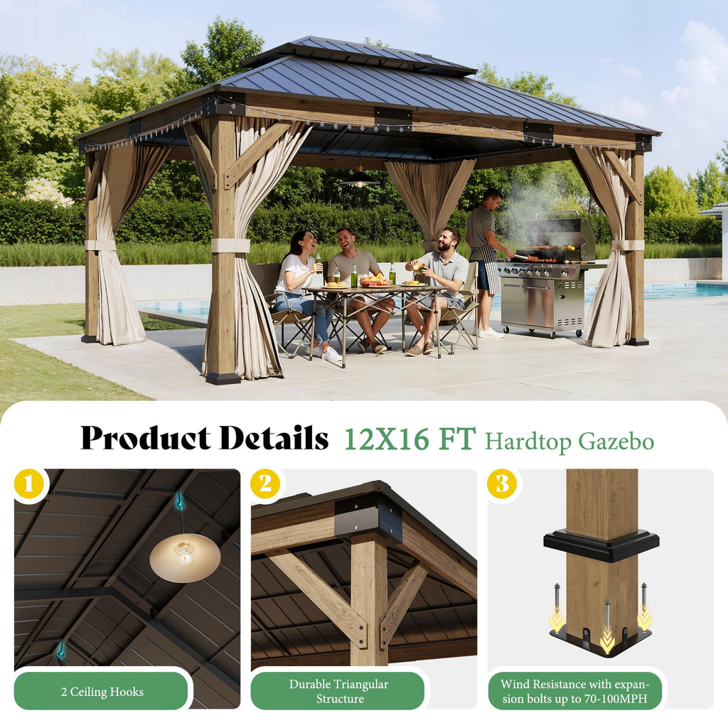 AMERLIFE 12' x 16' Heavy Duty Hardtop Gazebo with Double Metal Roof, Wood Gazebo with Privacy Curtains & Mosquito Netting, Outdoor Pavilion for Backyard, Garden & Patio, Brown