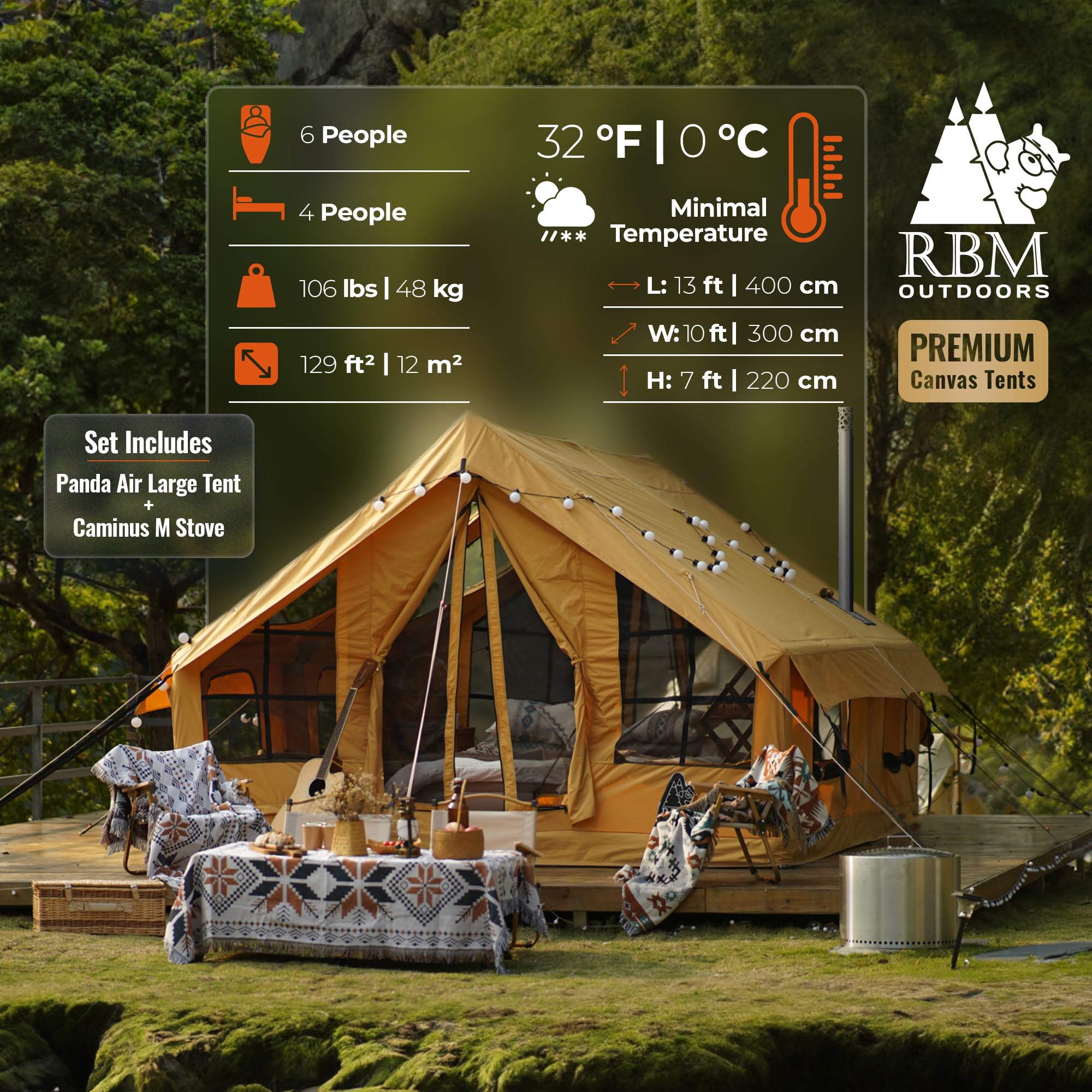 RBM Outdoors Panda Air Large Inflatable Canvas Camping Tent for 2–6 People – Air Beam Tent with Stove Jack, Fast Setup, Hand Pump Included, Beige, Set