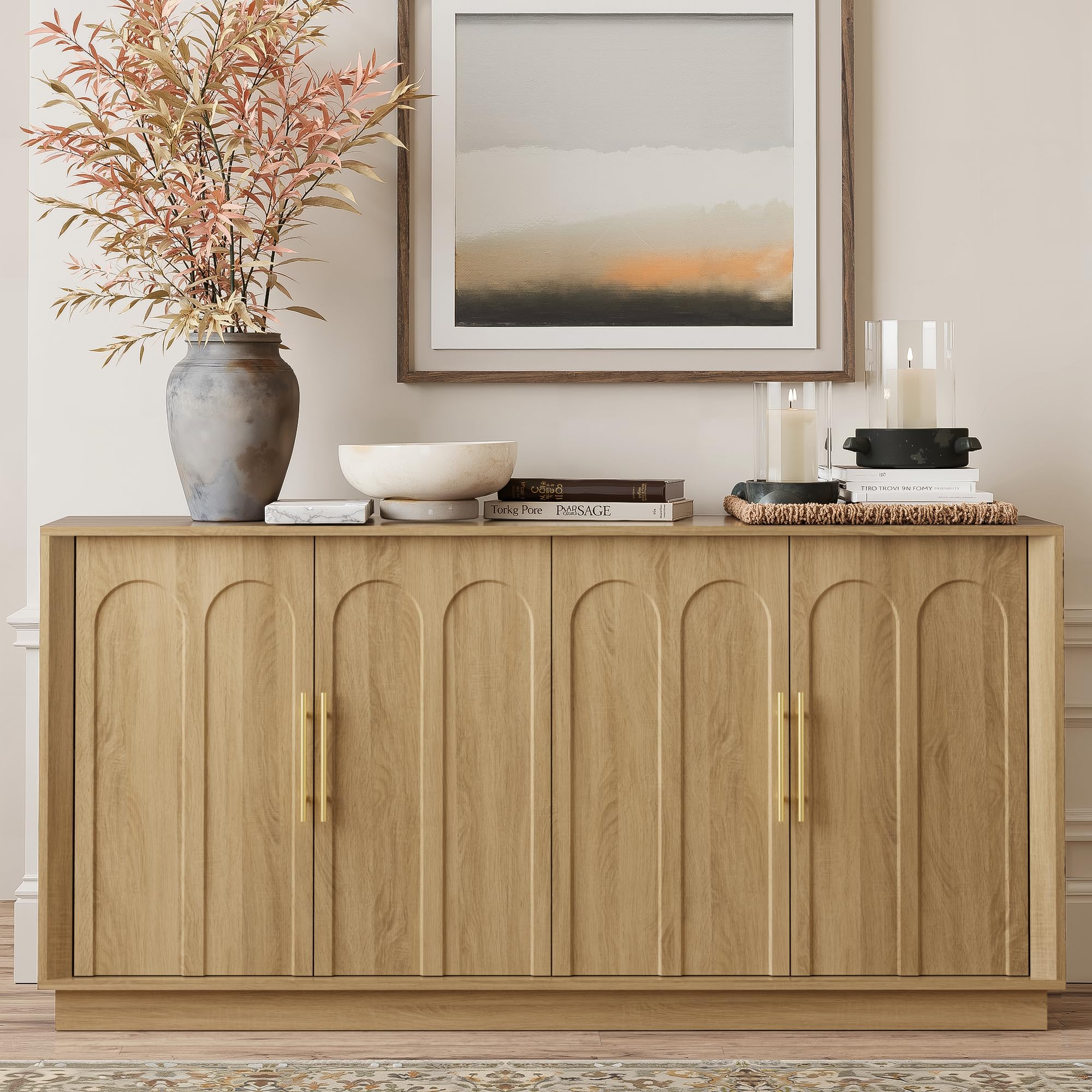 FORTUNETEC Sideboard Buffet Cabinet with Storage, Modern Accent Cabinet with Arched Doors, Boho Modular Media Console, 67" Large Minimalist Credenza for Living Room Kitchen Dining Room Entryway, Oak