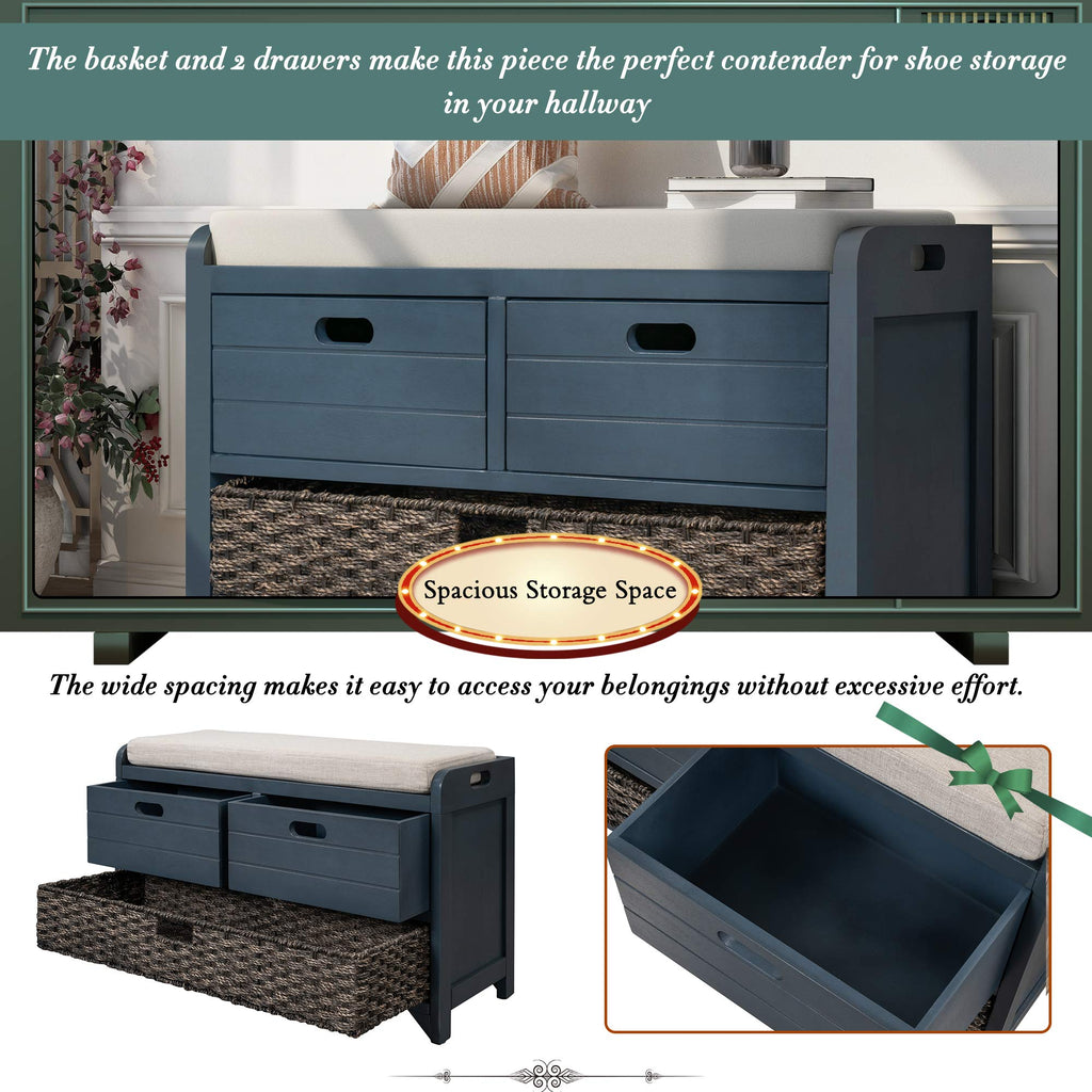 GDFStudio 2-Tier Shoe Storage Bench with Removable Basket & 2 Drawers, Farmhouse Entryway Shoe Organizer Bench with Upholstered Cushion, Wood Entry Bench Fully Assembled for Hallway Living Room, Navy