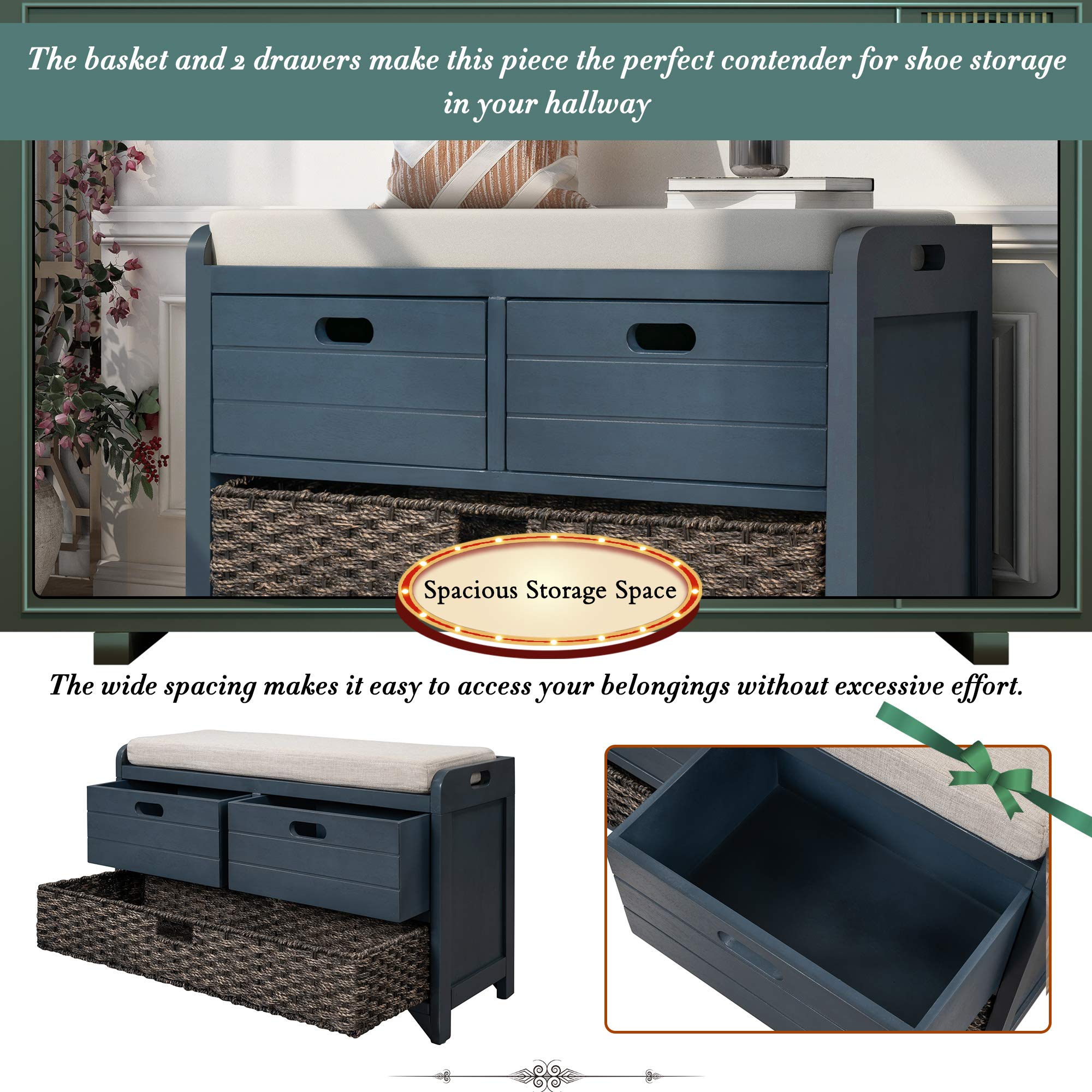 GDFStudio 2-Tier Shoe Storage Bench with Removable Basket & 2 Drawers, Farmhouse Entryway Shoe Organizer Bench with Upholstered Cushion, Wood Entry Bench Fully Assembled for Hallway Living Room, Navy