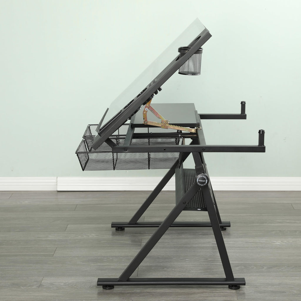 Adjustable Drafting Table with 0-75° Glass Top, Height Adjustable Standing Desk for Artists, Writing Desk for Home Office, Computer Desk with Storage, Black Long Desk for Designers & Art Students,A-1