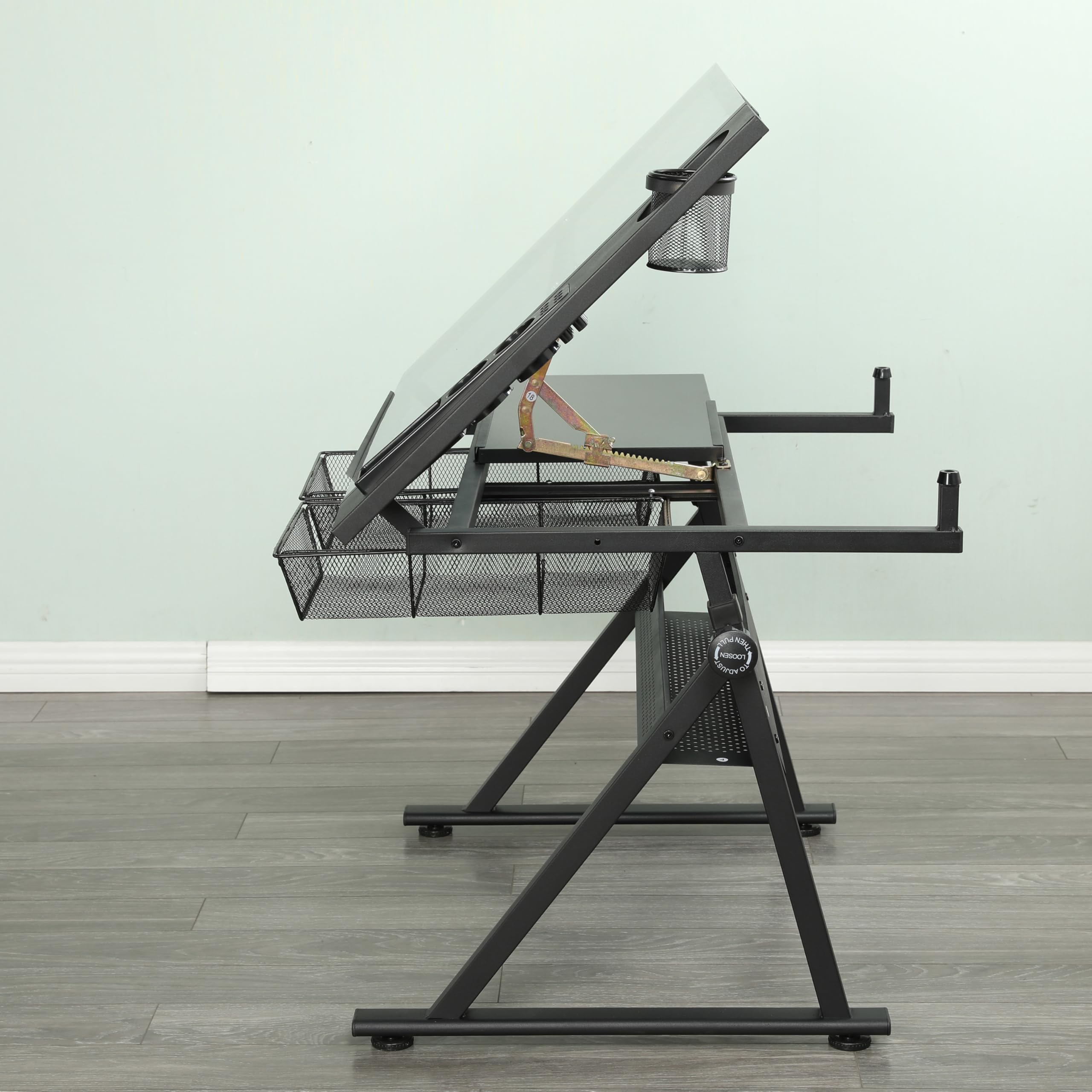 Adjustable Drafting Table with 0-75° Glass Top, Height Adjustable Standing Desk for Artists, Writing Desk for Home Office, Computer Desk with Storage, Black Long Desk for Designers & Art Students,A-1