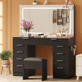 IDEALHOUSE Large Vanity Desk with Mirror, Clear Glass Top, Stool, LED Lights and Power Outlet, 45'' Width Makeup Vanity Table Set with 10 Drawers for Bedroom Dressing Room