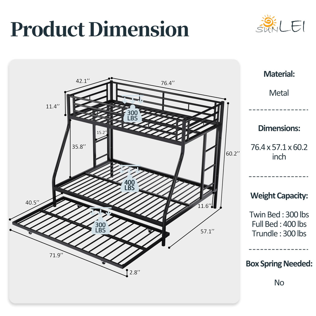 SUNLEI Twin Over Full Bunk Beds with Trundle, Heavy Duty Metal Triple Bunk Bed Frame, 3 Beds Space Saving Bunk Bed with Guardrails & Ladder, No Box Spring Needed, for Kids Teens Adults Bedroom, Black