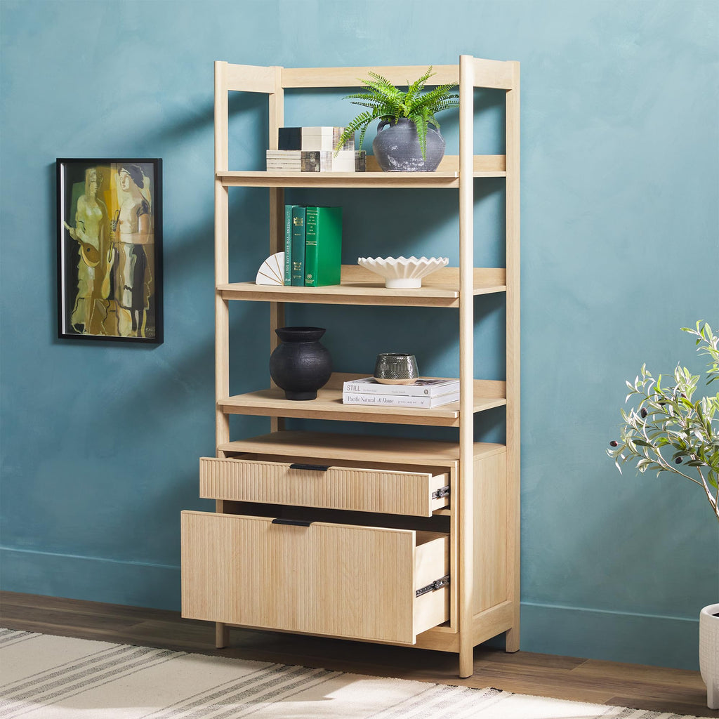 Walker Edison Transitional Open Reeded 4-Shelf Bookshelf with Drawers on Bottom, Versatile Bookcase with Bottom Storage for Home Office, Living Room, Bedroom, 33”W x 16.75”D x 70”H, Coastal Oak