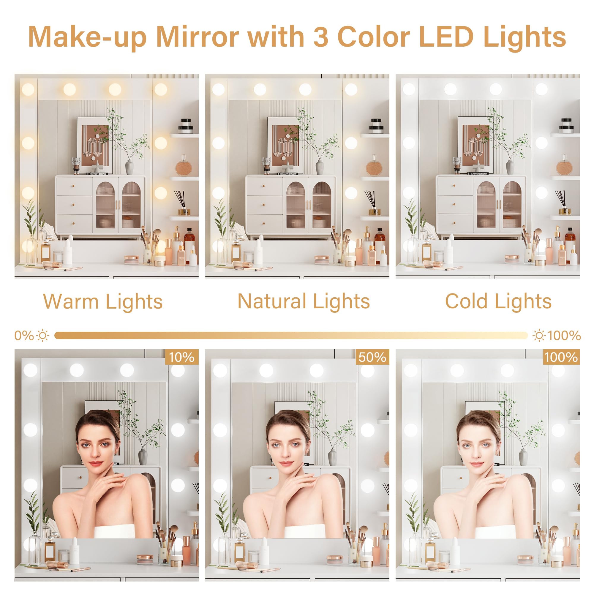 NUNU LAB Morden Makeup Vanity Desk with Mirror, Bedroom Dressing Table Set with Storage Shelf and 5 Drawers, Large Vanity Table with 10 LED Lights for Women, Girls, Teens