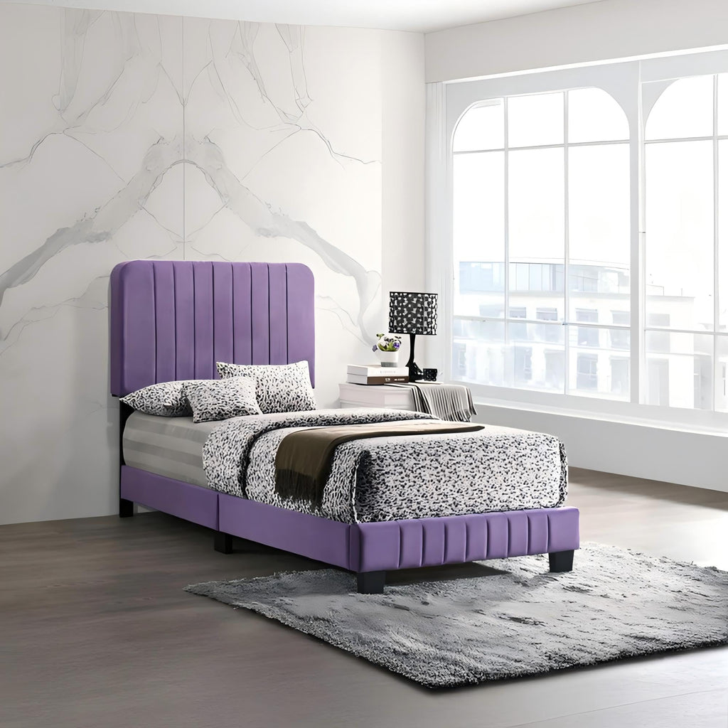 GDFStudio Contemporary Velvet Twin Size Bed with Channel Tufted Headboard, Modern Comfort Platform Bed with Wood Frame & Legs, Box Spring Required, Easy Assembly for Cozy Bedrooms,48" H Purple