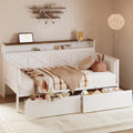 IRONCK Twin Size Daybed with Storage Drawers, Sturdy Metal Bed Frame with X-Shaped Headboard and Charging Station, Upholstered Farmhouse Daybed for Living Room, Bedroom, and Guest Room, White/Walnut