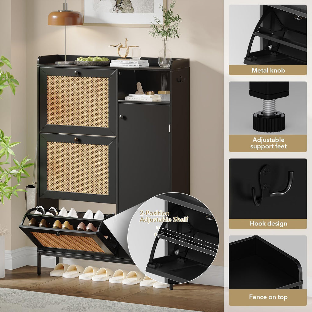 Shoe Storage Cabinet with 3 Flip-Down Doors, Rattan & Metal Frame Organizer, Adjustable Shelves, Narrow Freestanding Rack for Entryway Hallway, Tool-Free Assembly, Modern Farmhouse Decor, Black