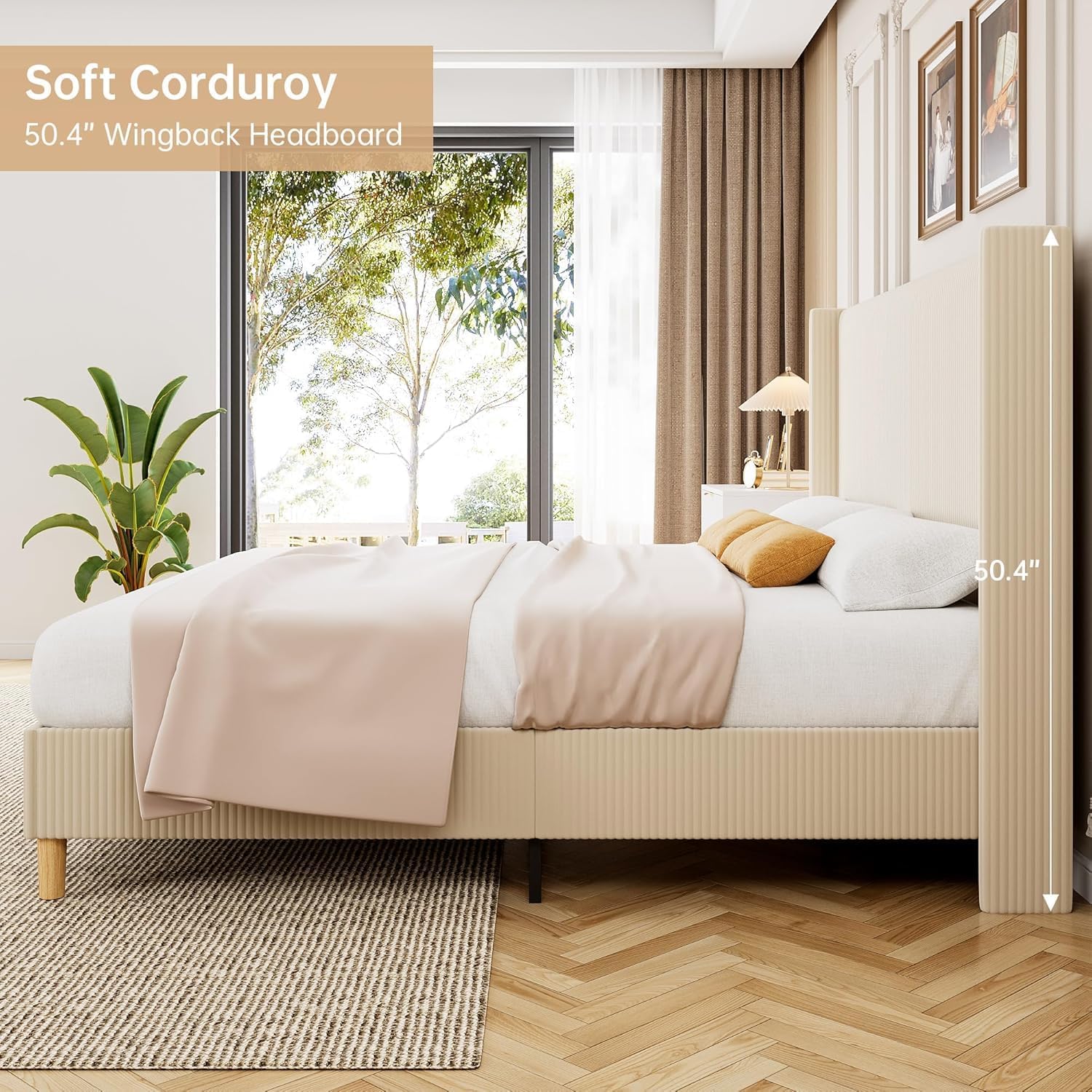 GarveeLife King Size Corduroy Upholstered Bed Frame, 50.4" Wingback Headboard with Sponge Padding, Wooden Slats Support, Noise‑Free, No Box Spring Needed, Beige