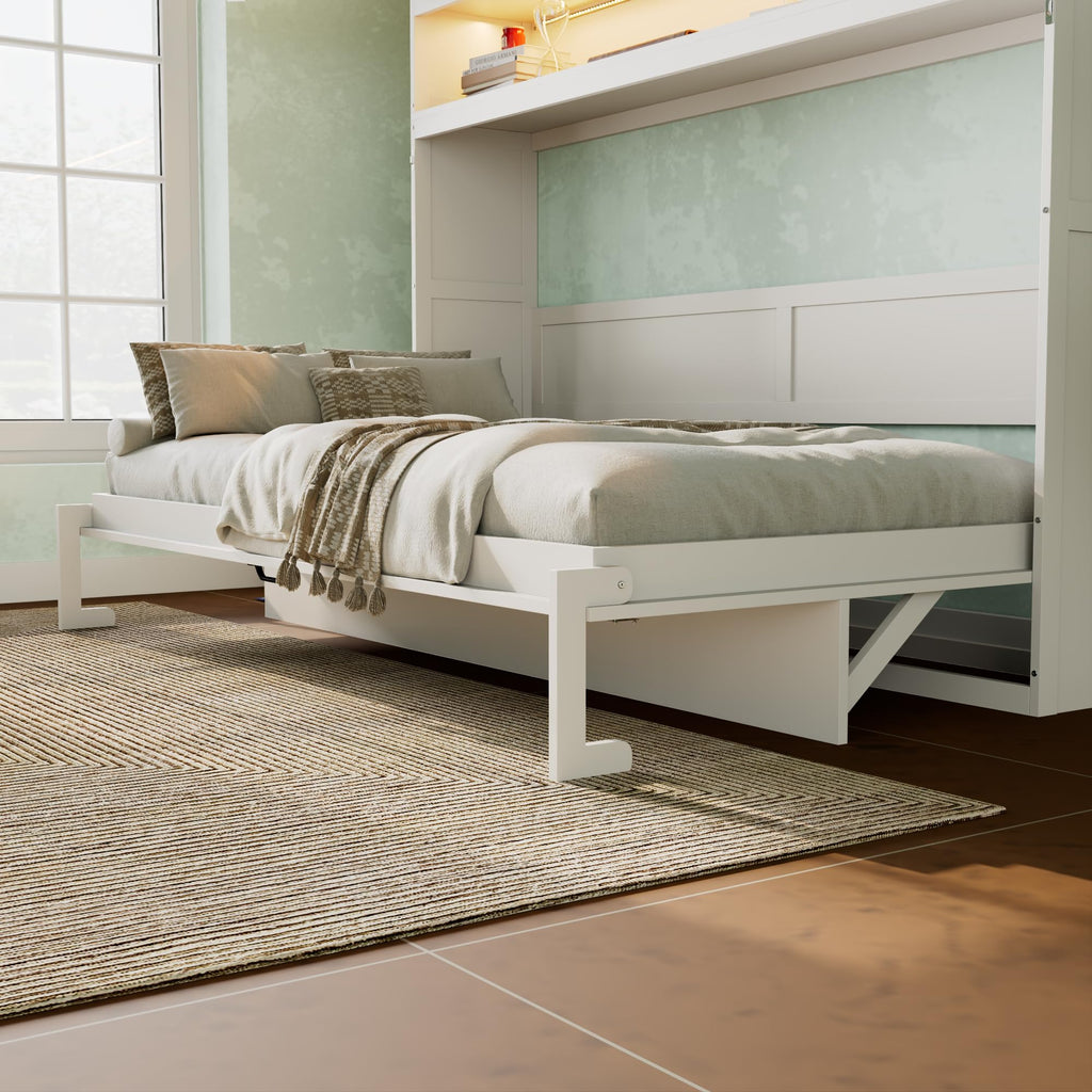 Merax Twin Murphy Bed Frame with Top Cabinet, Multi Storage Shelves & 4 Ratten Doors, 2-in-1 Bed Desk Space Saving Foldable Wall Bed with Light & USB Charging Ports, White
