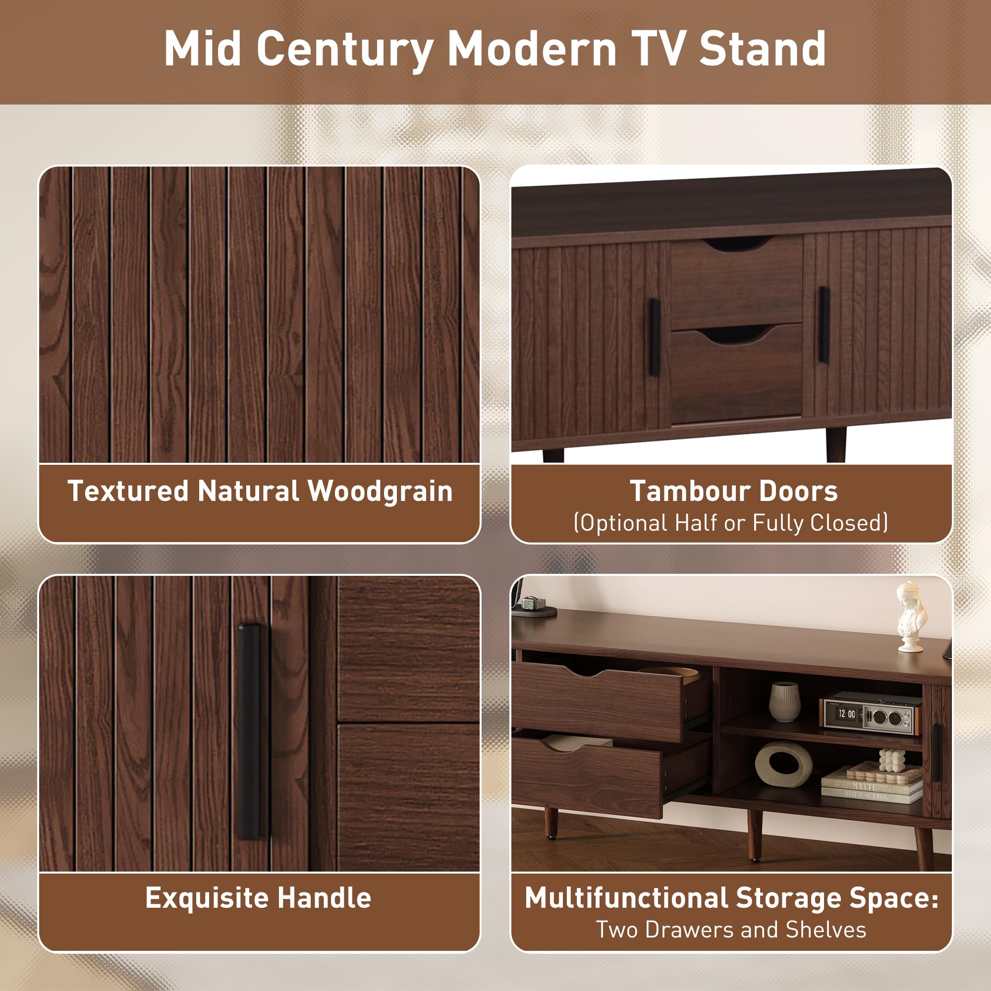 Merax 78'' Modern TV Stand for TVs up to 85 Inches, Entertainment Center with Fluted Glass Drawers & Cable Management, Solid Wood Legs, TV Console for Living Room, Walnut