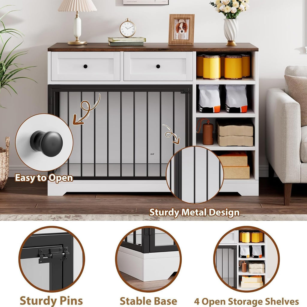 GarveeHome Dog Crate Furniture 47", Large Dog Crate TV Stand with 2 Drawers and 4 Shelves, Wooden Dog Kennel Indoor, Decorative Dog Cage with Storage for Large Dogs, White