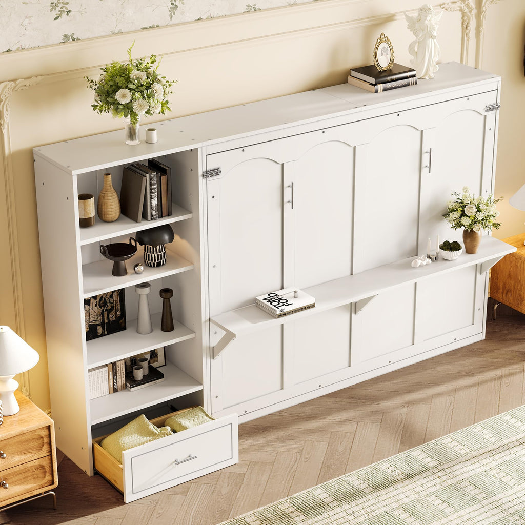 Murphy Bed Queen,Murphy Bed with Height Adjustable Storage Compartments and Shelf,Wall Bed Frame w/ 1 Drawer, Multifunctional Foldable Platform Bed for Bedroom,Guest Room,White