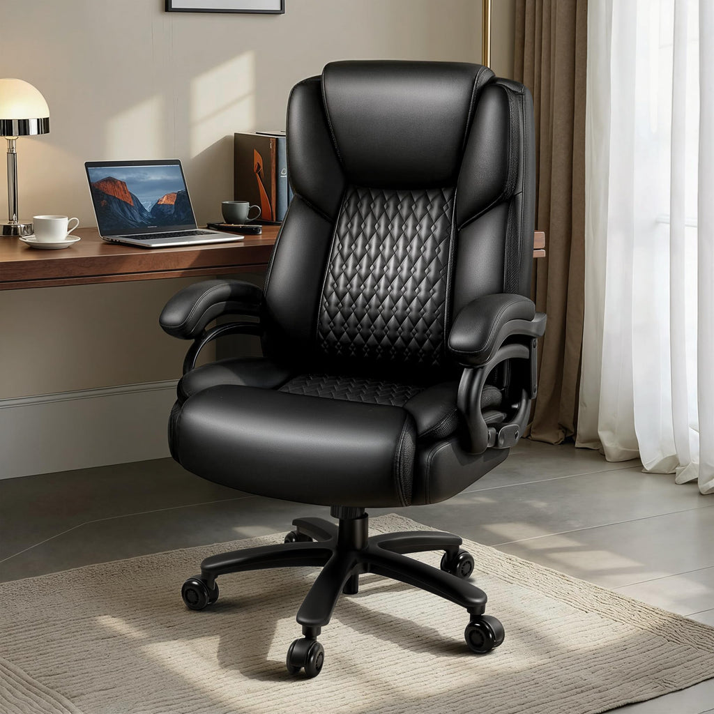 Big and Tall Office Chair 500lbs, Heavy Duty Executive Office Leather Chair for Heavy People, High Back Ergonomic Office Chair with Lumbar Support & Quiet Rubber Wheels, Extra Padded Seat, Black