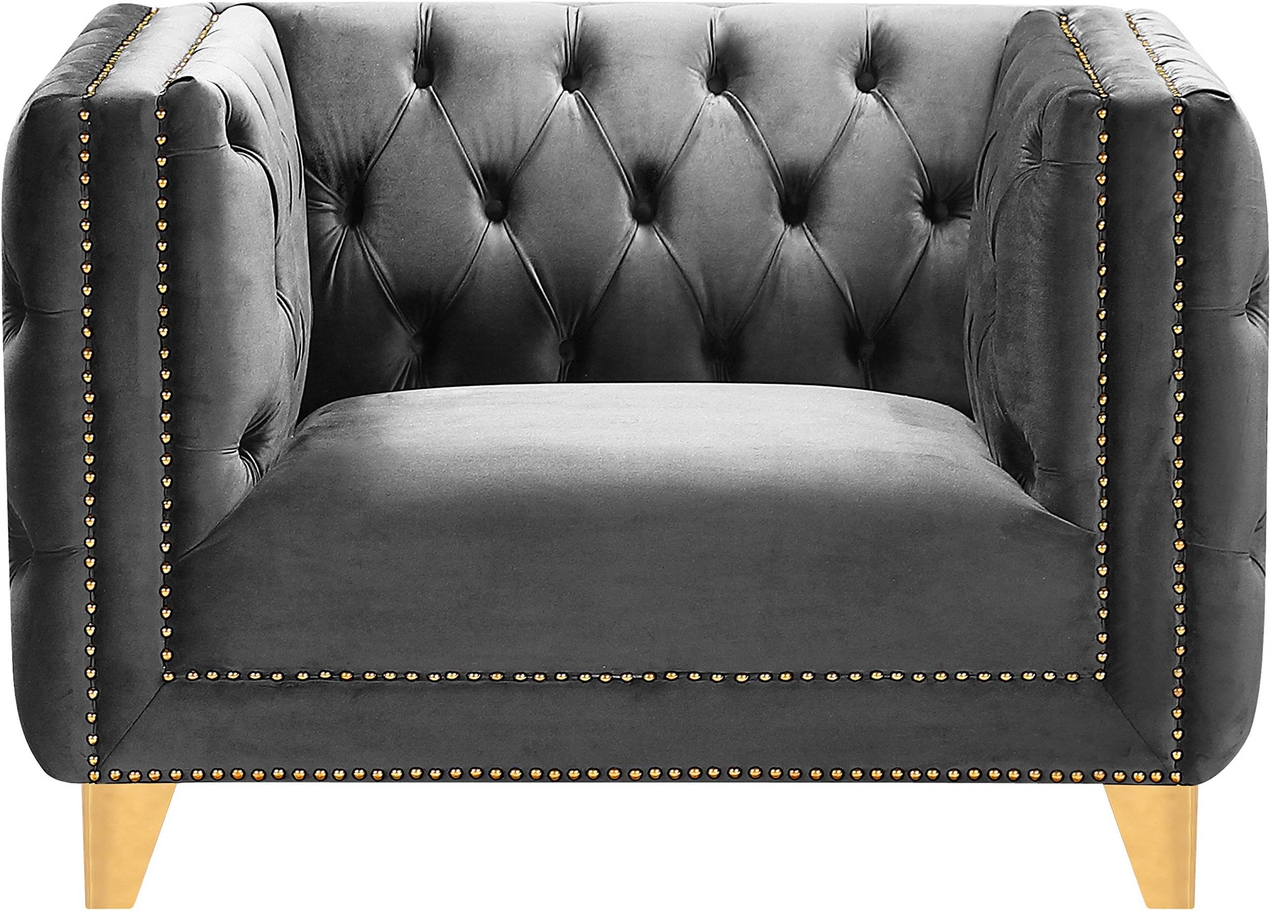 Meridian Furniture 652Grey-C Michelle Collection Modern | Contemporary Chair with Deep Button Tufting, Gold Nailhead Trim and Sturdy Gold Iron Legs, Grey Velvet, 44" W x 34" D x 30" H