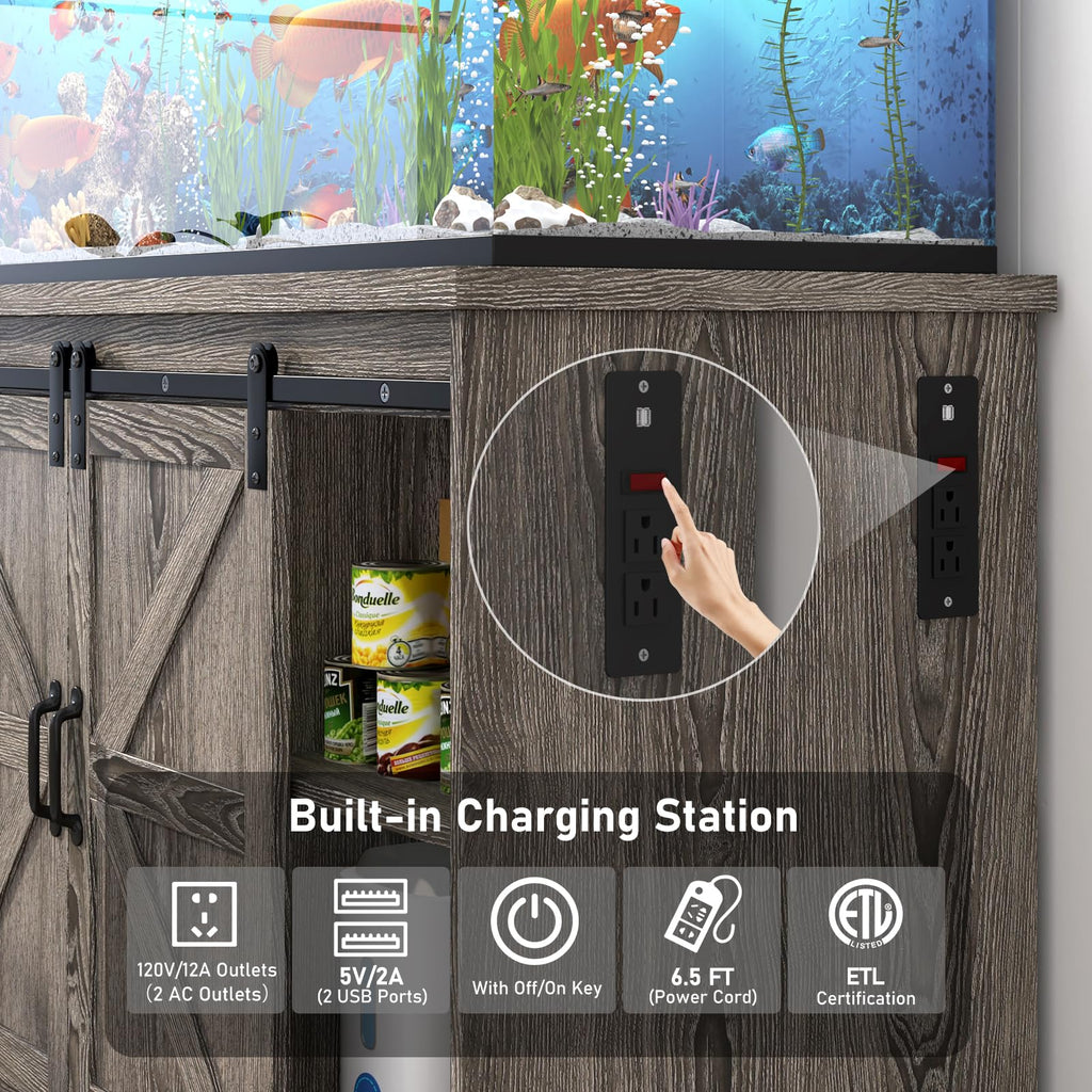 Hlivelood Farmhouse 75-120 Gallon Fish Tank Stand with Power Outlet, Aquarium Stand w/Cabinet&Sliding Barn Door, Heavy Duty Reptile Tank Stand for Fish/Turtle/Reptile Terrarium, 1000LB Capacity, Grey