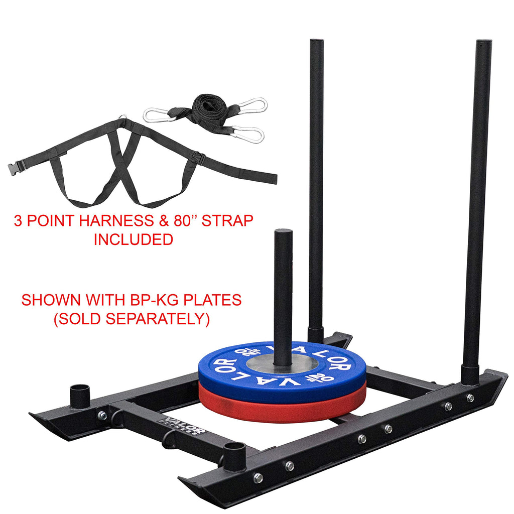 Valor Fitness Push Pull Weight Sled with Harness – Power Sled for Strength & Conditioning, Cross Training, Football or Sprint Workouts – 600 lb Capacity, 18 Inch Olympic Plate Storage Peg