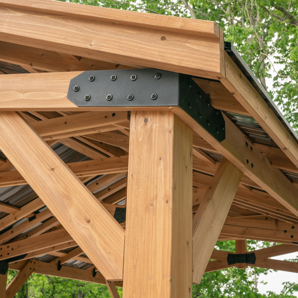 Backyard Discovery Norwood 24' x 12' Cedar Wood Outdoor Gazebo Pavilion with Hardtop Galvanized Steel Peak Roof, Snow Support, Wind Resistance, PowerPort, Shade for Garden, Patio, Deck, Entertaining
