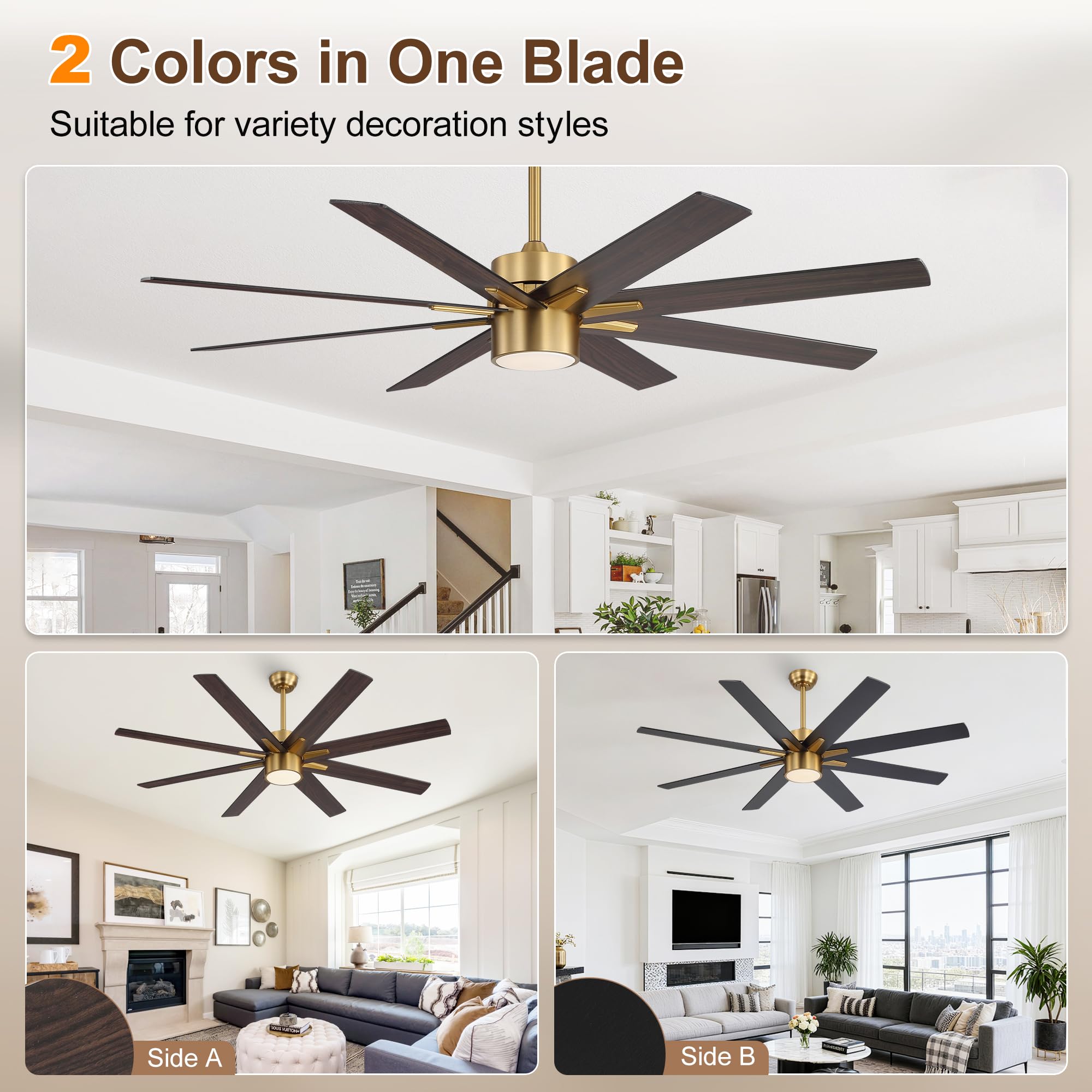WINGBO 64 Inch Ceiling Fan with Light - 8 Plywood Blades, 6-Speed Reversible DC Motor, Noiseless Remote Control Ceiling Fans with Lights for Bedroom Living Room Kitchen, Gold and Walnut/Black