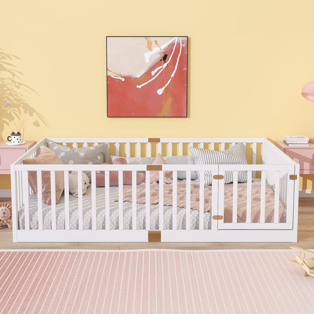 KEIKI Full Floor Bed with 21.5" Safety Guardrails & Door, Kids Floor Bed Frame with 6 Slats, Solid Wood Montessori Bed for Toddler Bedroom, White