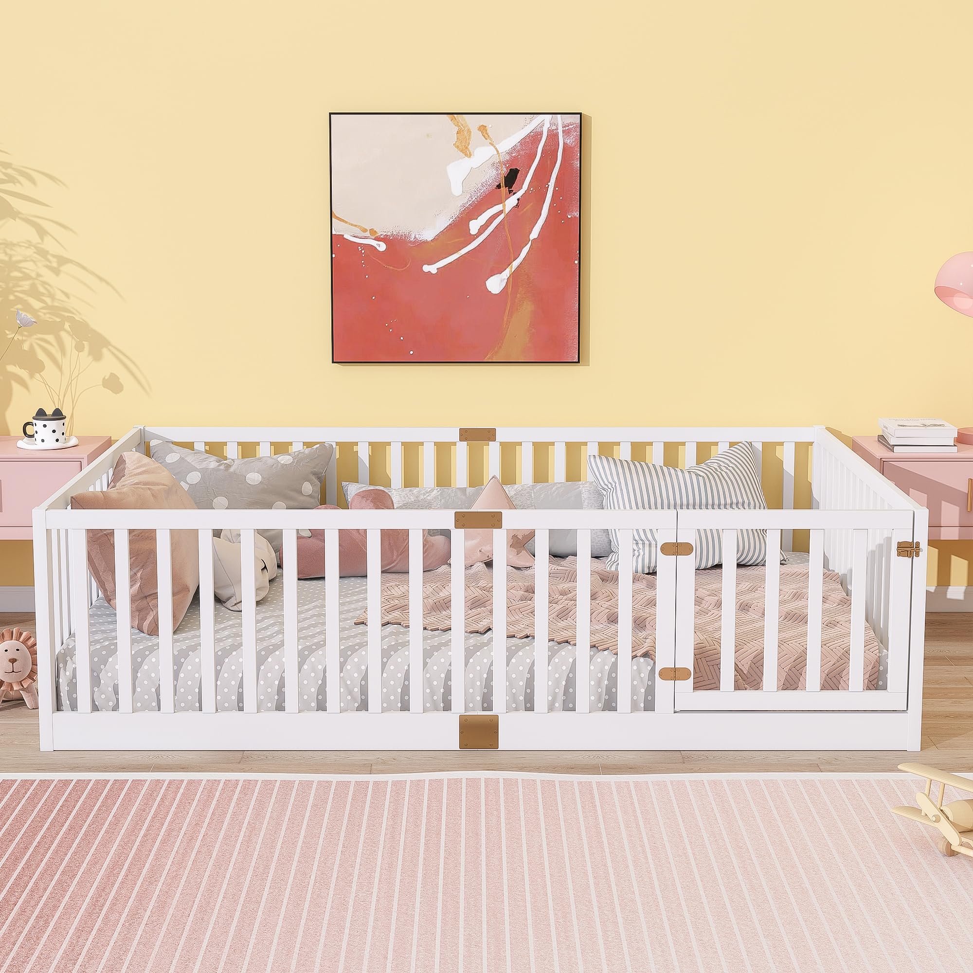 KEIKI Full Floor Bed with 21.5" Safety Guardrails & Door, Kids Floor Bed Frame with 6 Slats, Solid Wood Montessori Bed for Toddler Bedroom, White