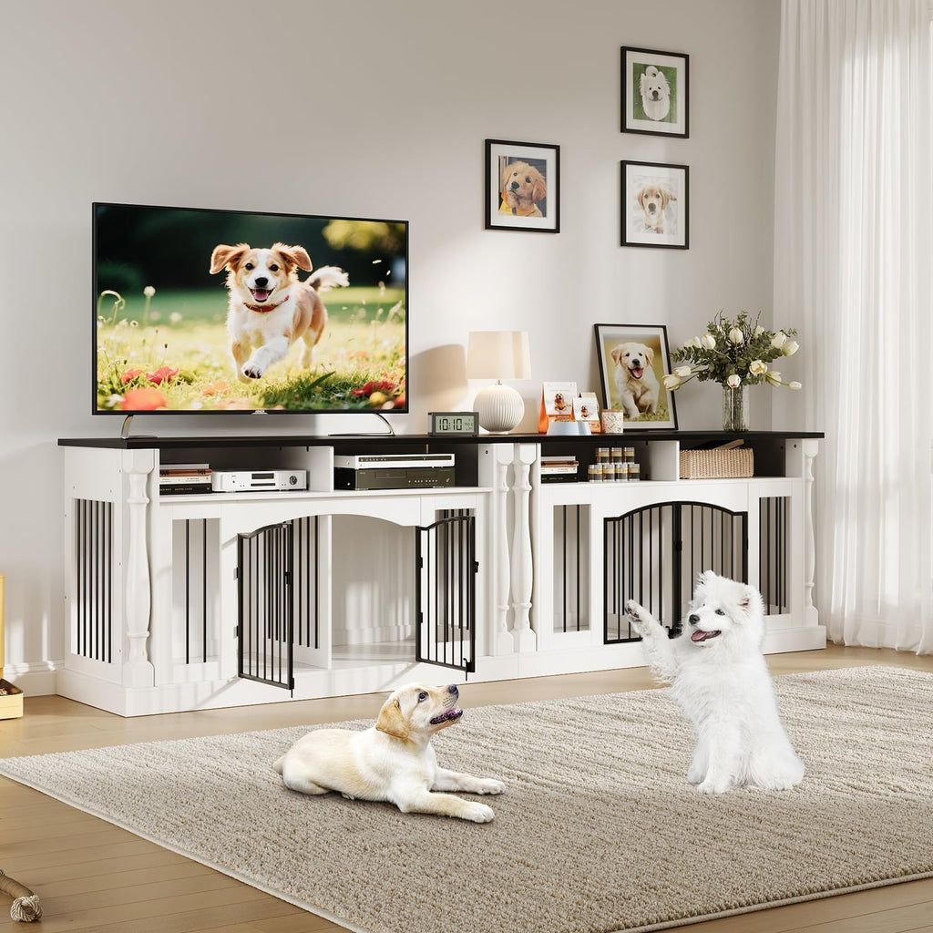 63 Inch Double Dog Crate TV Stand, Heavy Duty Wooden Dog Crate Furniture for 2 Dogs, Dog Kennel Indoor Furniture Ideal for 2 Dogs