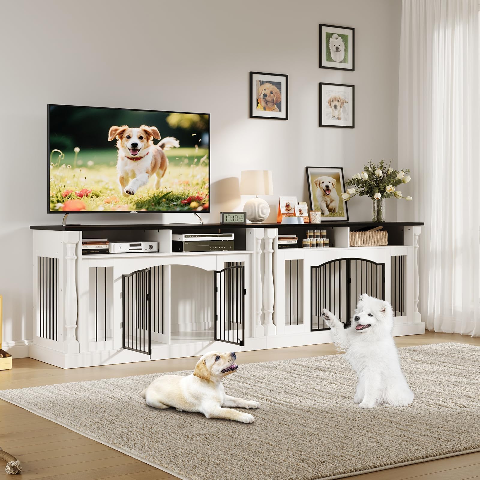 63 Inch Double Dog Crate TV Stand, Heavy Duty Wooden Dog Crate Furniture for 2 Dogs, Dog Kennel Indoor Furniture Ideal for 2 Dogs