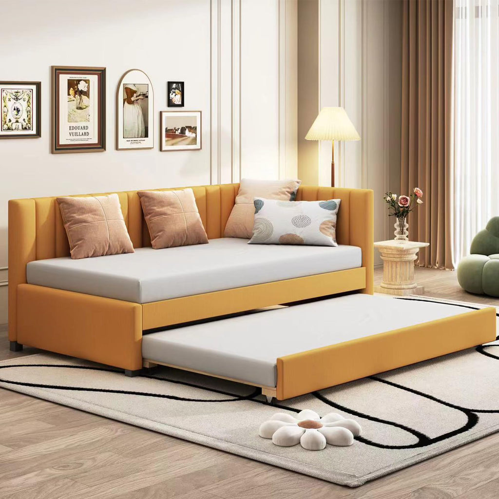 Jintop Twin Size Upholstered Linen Daybed with 2 Trundle,Semi-Closed Design,Solid Wood Bed Frame,W/Backrest and Slat Support,No Box Spring Needed,for Apartment Bedroom,Yellow