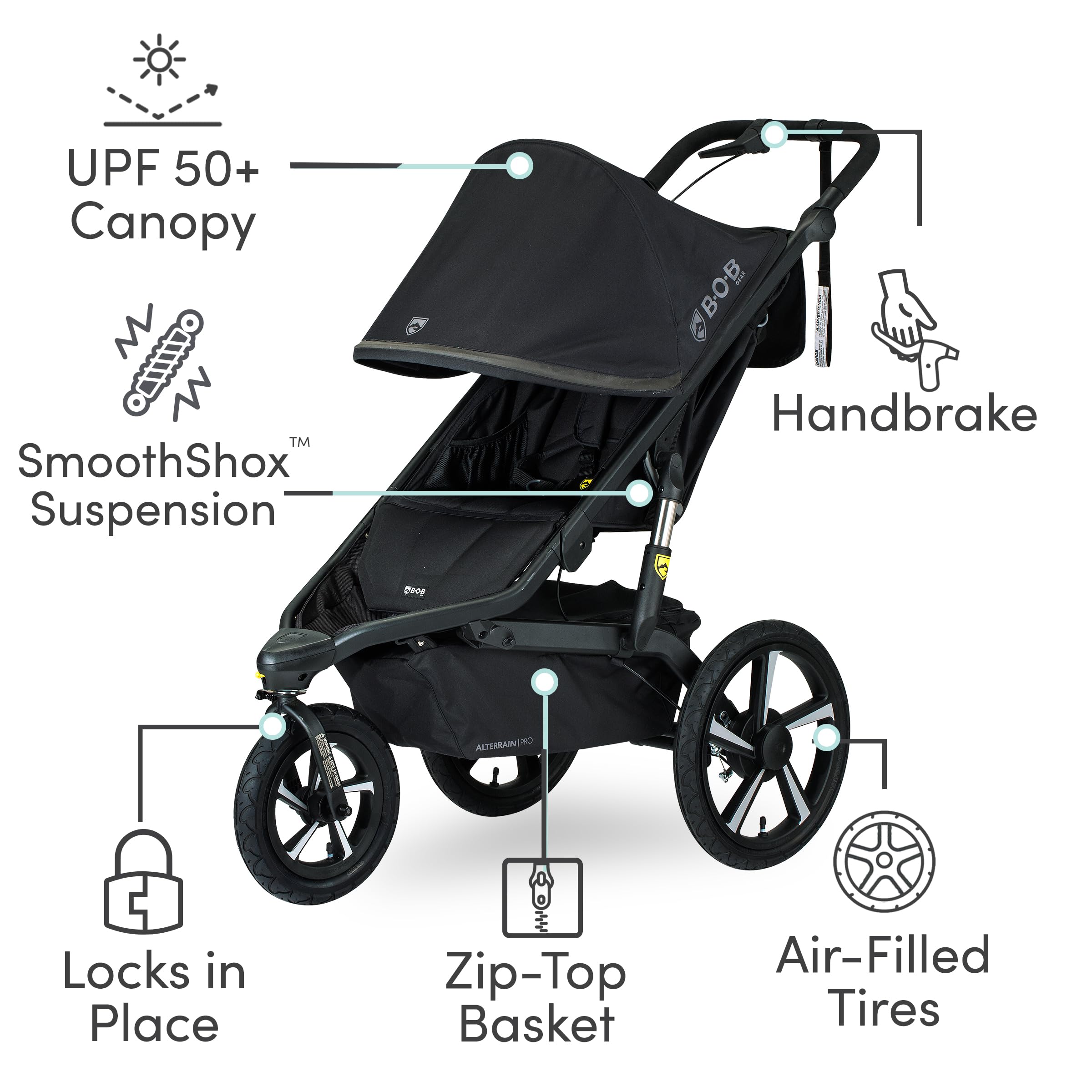 BOB Gear Alterrain Pro Jogging Stroller, All-Weather, SmoothShox Suspension, Black