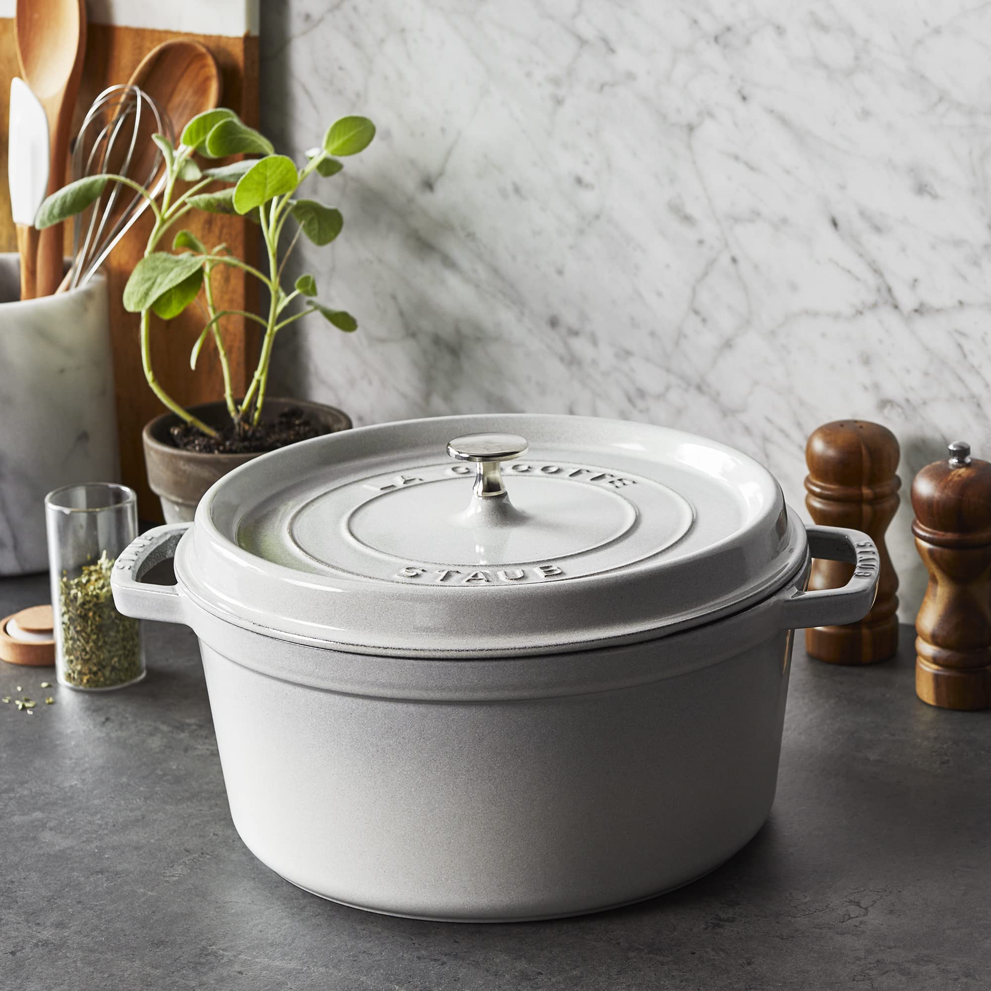 Staub Cast Iron 7-qt Round Cocotte - White Truffle