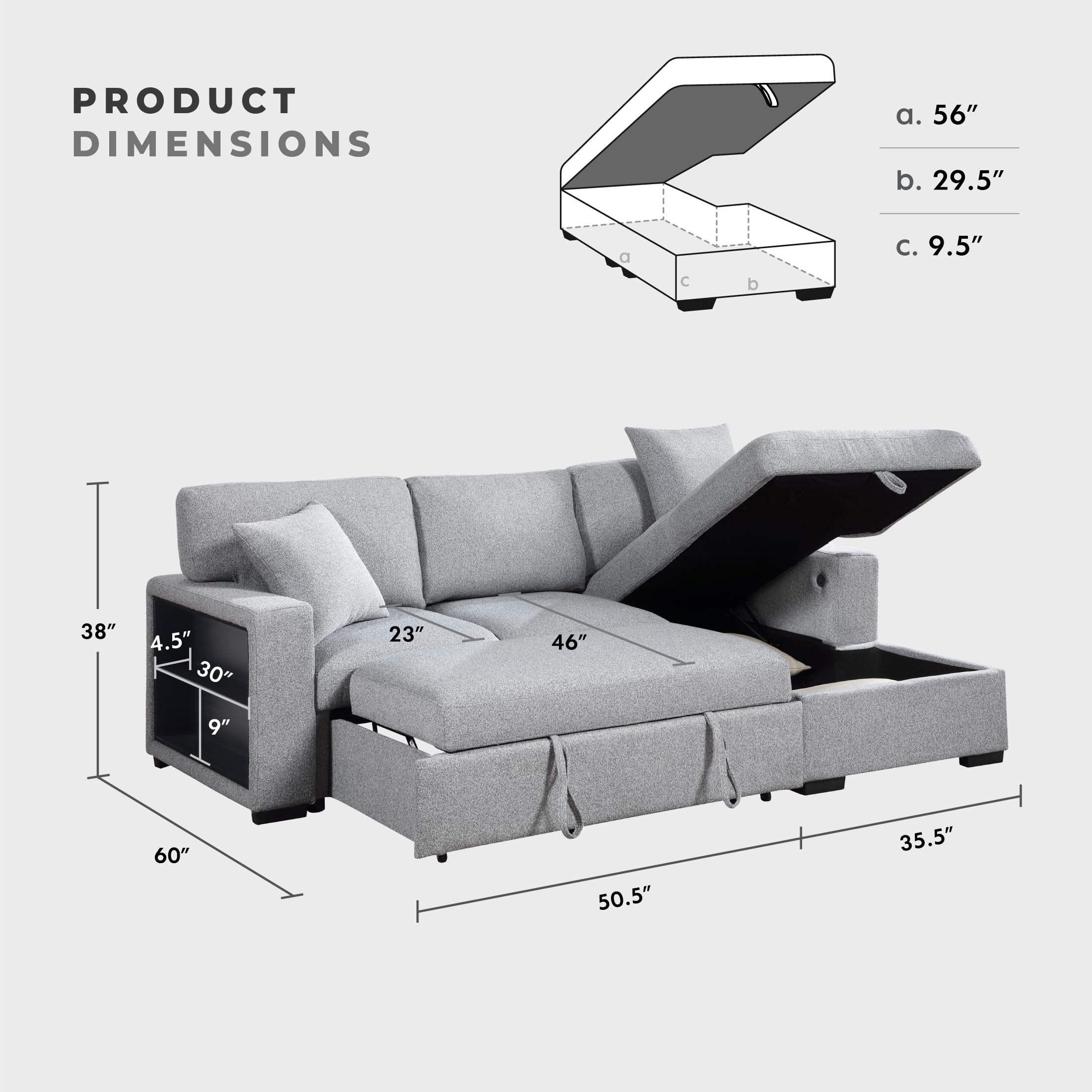 Lexicon 92.5" W L Shape Sectional Couch with Right Storage Chaise and Pull Out Sofa Bed, Sectional Sleeper Sofa with Memory Foam Seat Cushion, Charging Port, Storage Shelf for Living Room, Gray