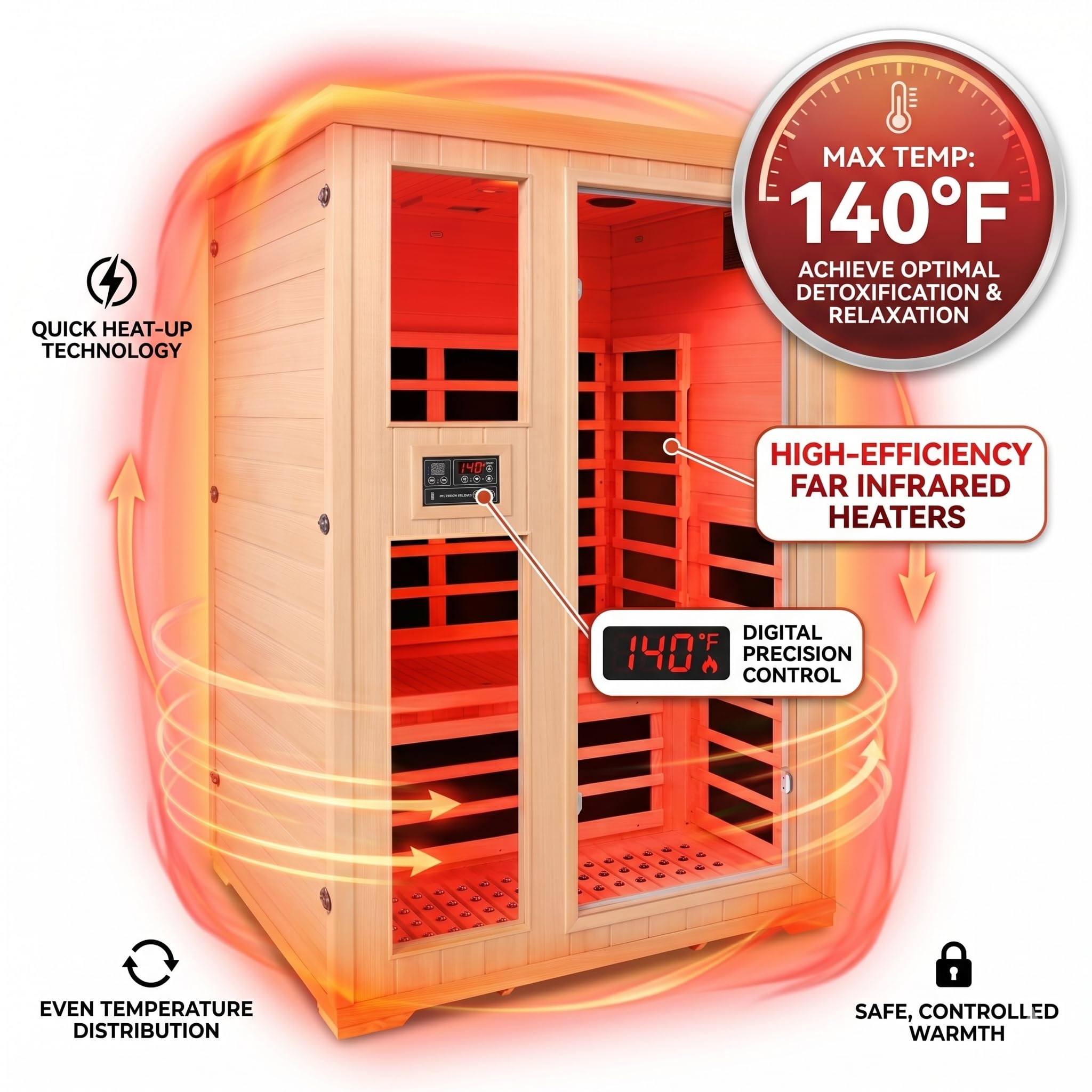 Homsido 2-Person Low EMF Far Infrared Sauna for Home,Canadian Hemlock Wood with 7-Color Therapy,Bluetooth Speakers,Chromotherapy Lights,1850W Heater,Tempered Glass Door&LCD Control Panel