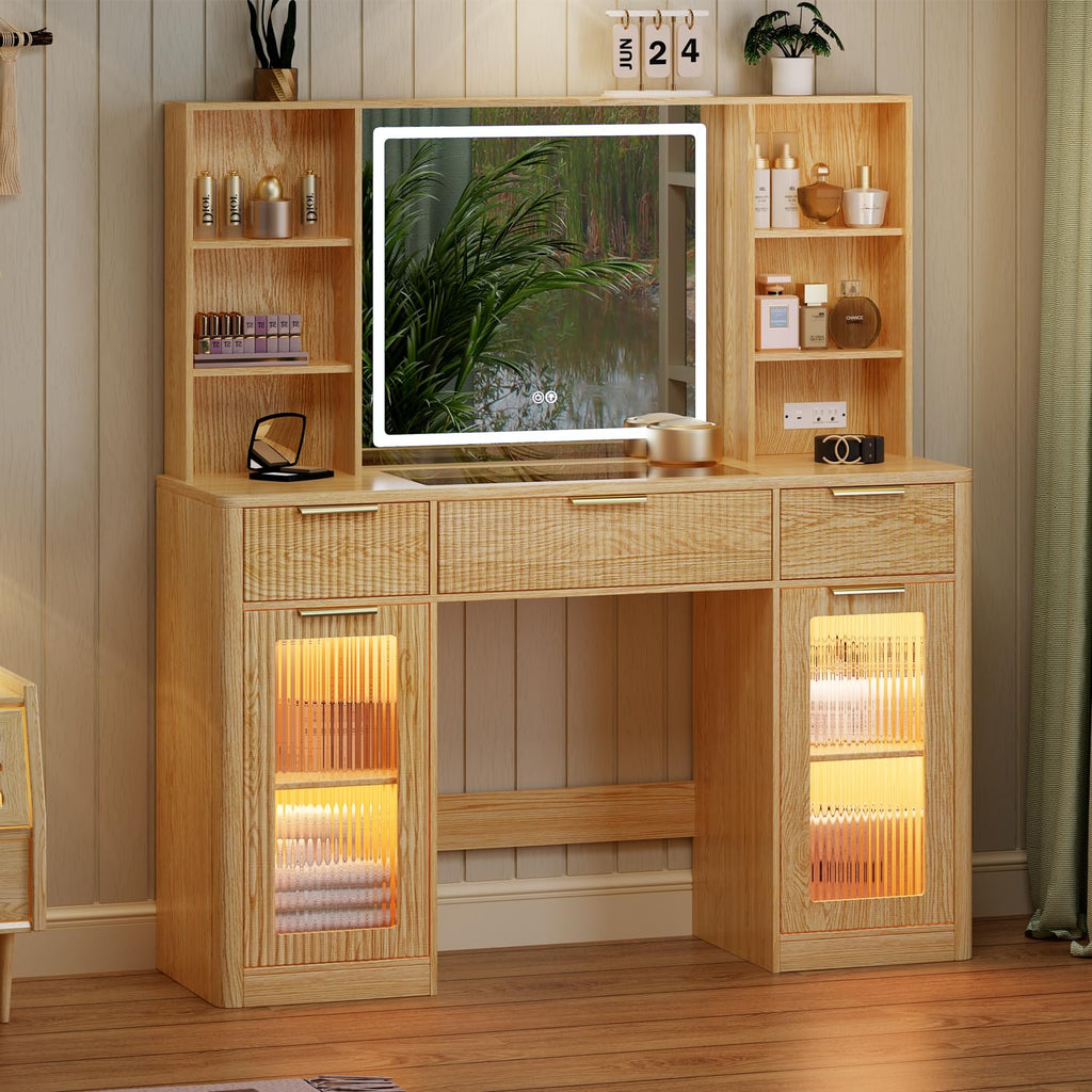 GRUTEUNIT 51" Large Vanity,Modern Fluted Makeup Vanity Desk with Mirror and Lights, Glass Top Vanity with 3 Drawers and 2 Cabinets&Charging Station,Dressing Table for Women and Girls’ bedrooms. Oak
