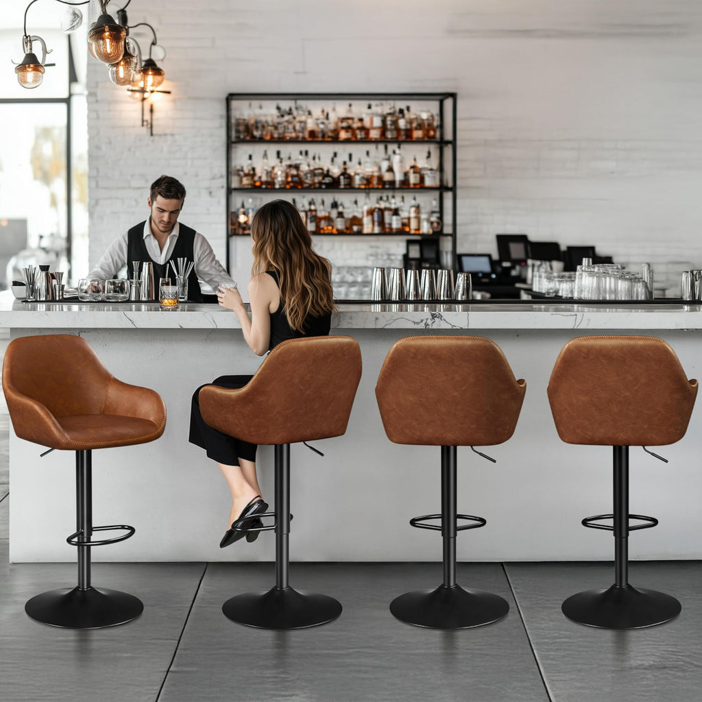 Yaheetech Bar Stools Set of 4, PU Leather Swivel Counter Height Barstools, Adjustable Bar Chairs with Backrest and Footrest, Kitchen Island Stool for Home Kitchen, Retro Brown