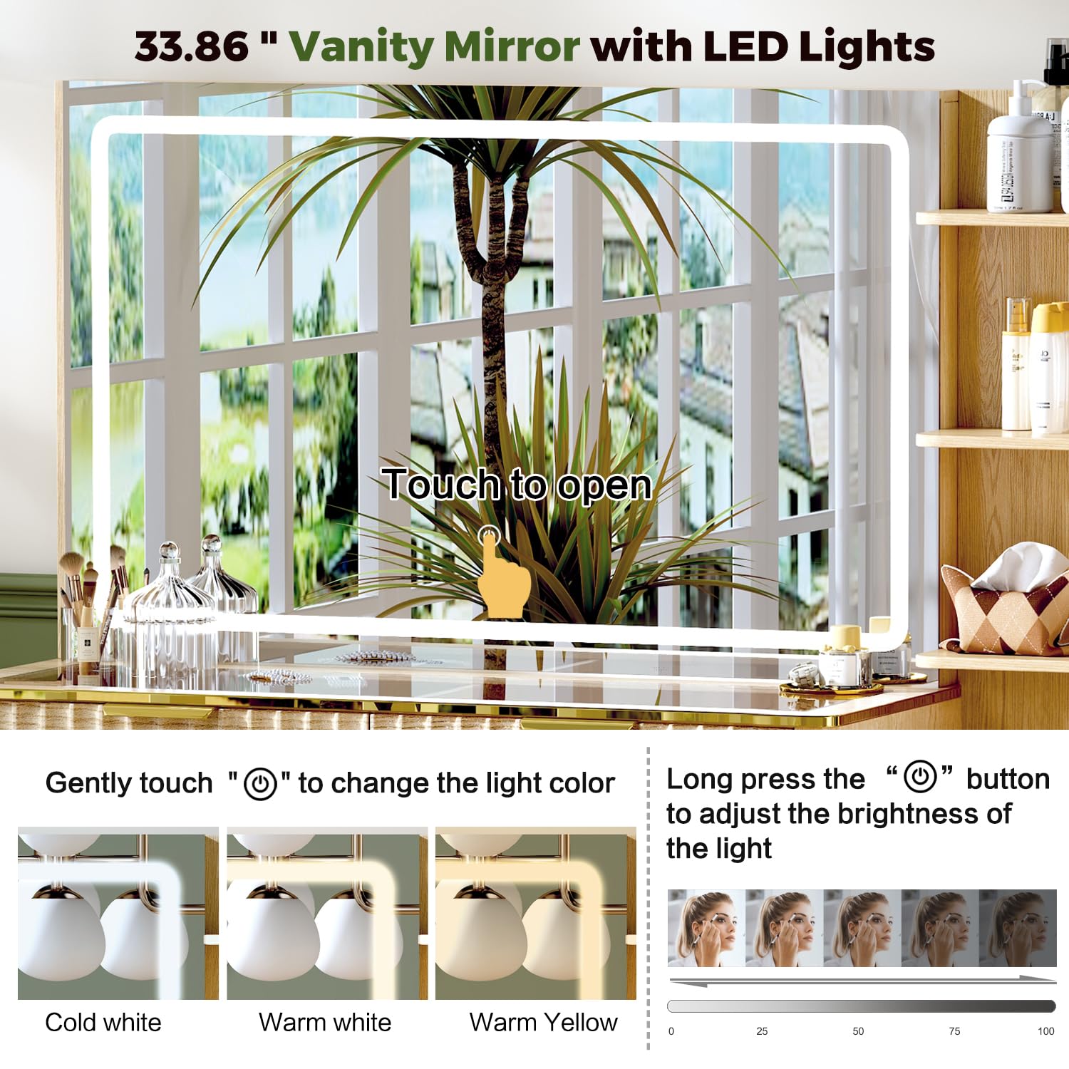 GRUTEUNIT 51" Vanity Desk with Power Outlet, Makeup Vanity with Mirror and Lights, 3 Lighting Modes, Vanity Table with Glass Top, 5 Drawers, and Jewelry Storage,Oak